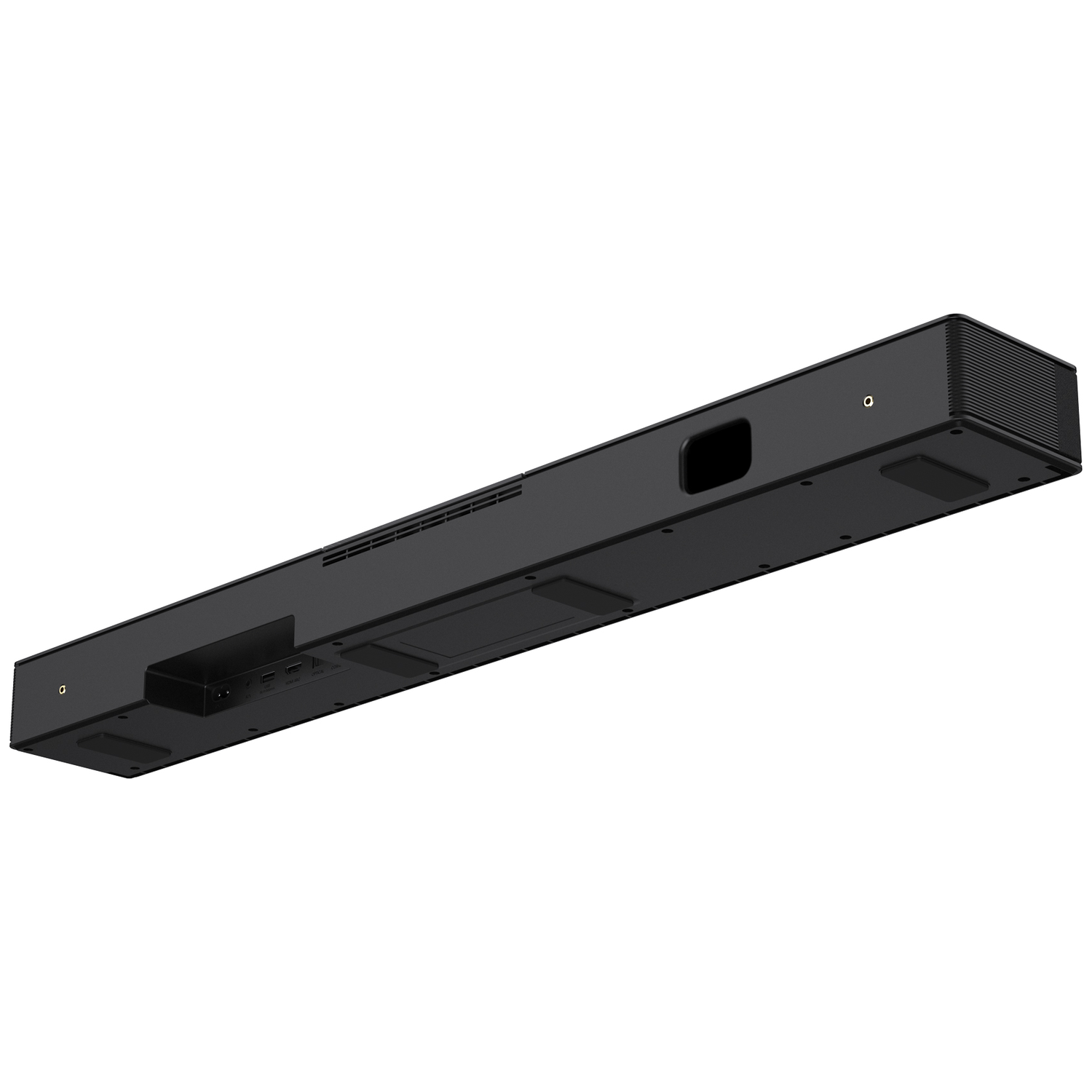 A black soundbar, bottom view, on a white background. It has ports, vents, and a sleek design, angled slightly.