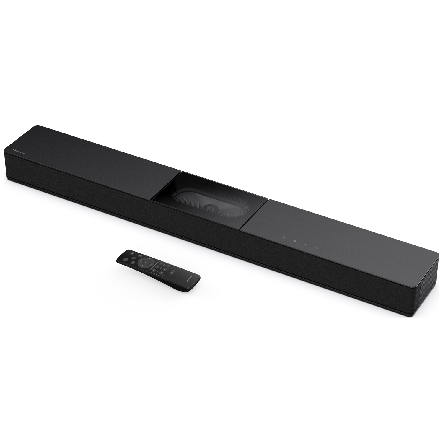 A black Hisense soundbar and remote control on a white background. The soundbar is rectangular.