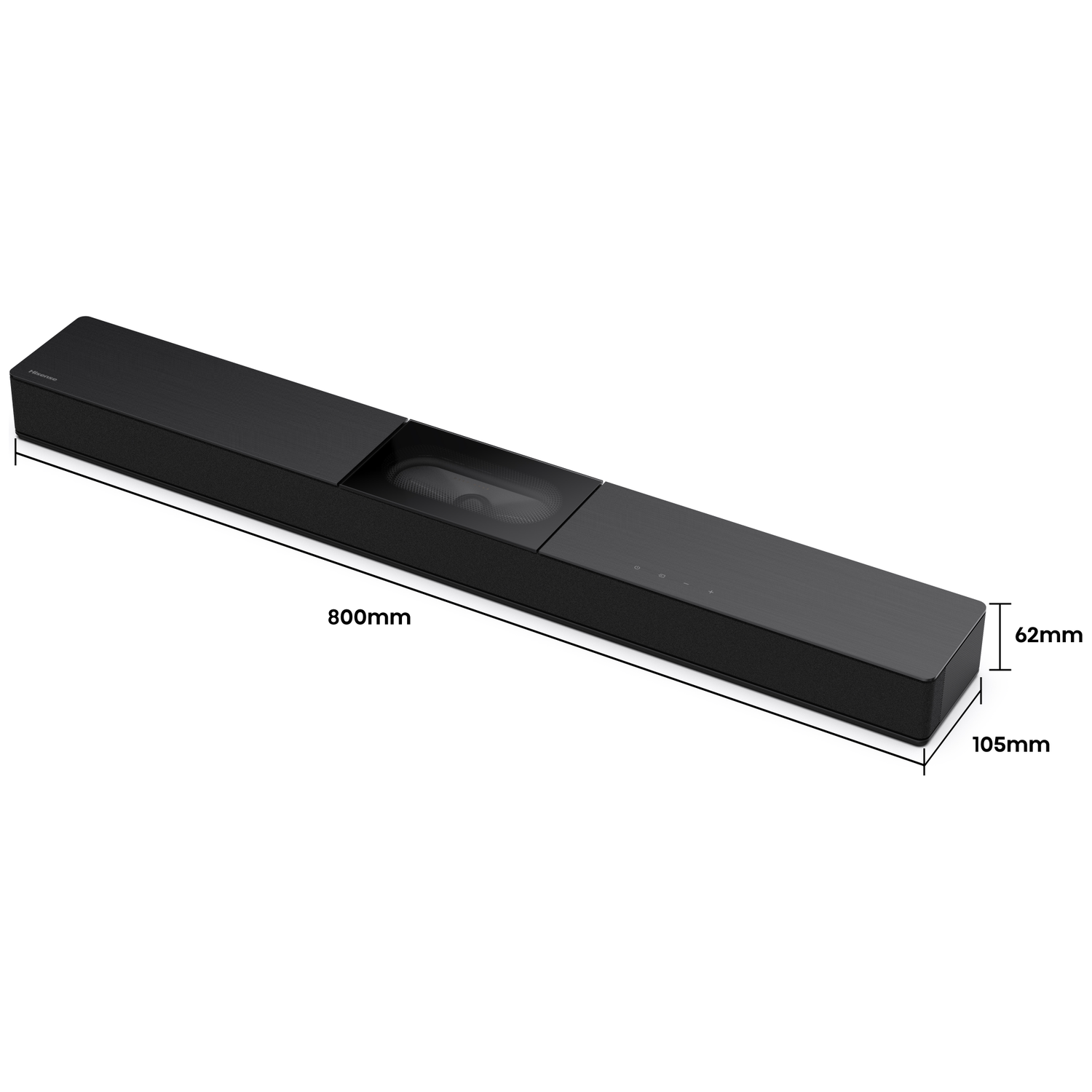 A black soundbar with dimensions labeled as 800mm long, 105mm wide, and 62mm high. It has a visible speaker in the center.