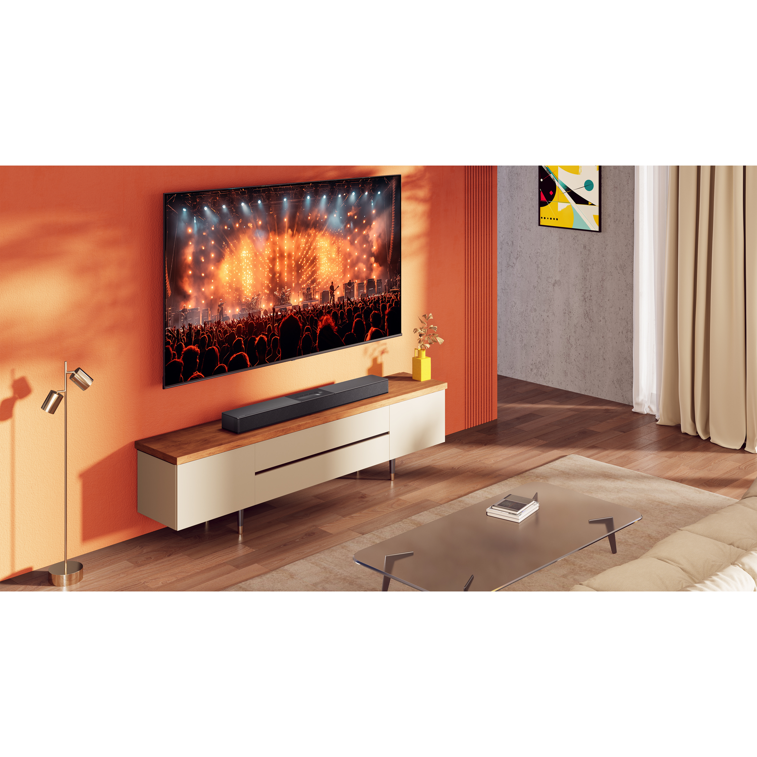 Living room with TV showing concert, soundbar, cabinet, and coffee table. Orange wall, abstract art, and beige curtains.