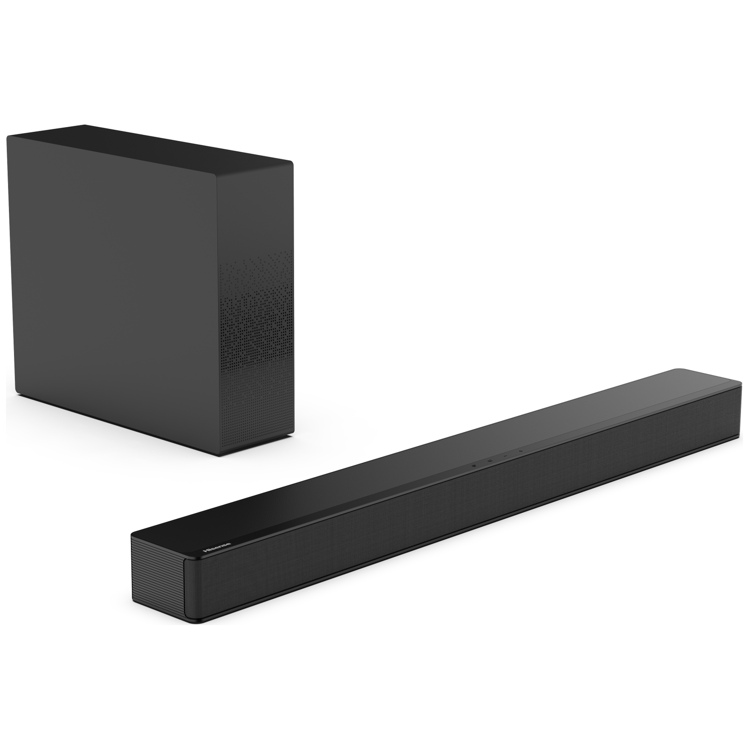 Een zwarte soundbar en subwoofer set. De soundbar is lang en rechthoekig. De subwoofer is een zwarte kubus.