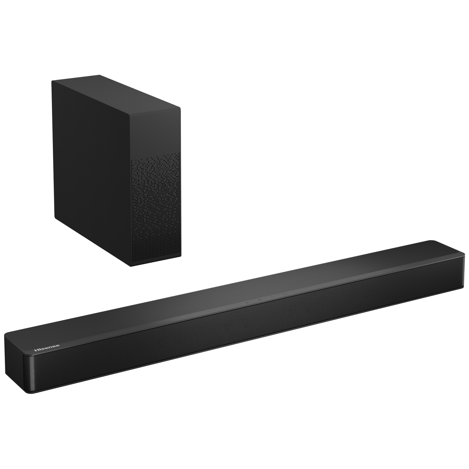 Een zwarte Hisense soundbar en subwoofer op een witte achtergrond. De soundbar is lang, de subwoofer is een doos.