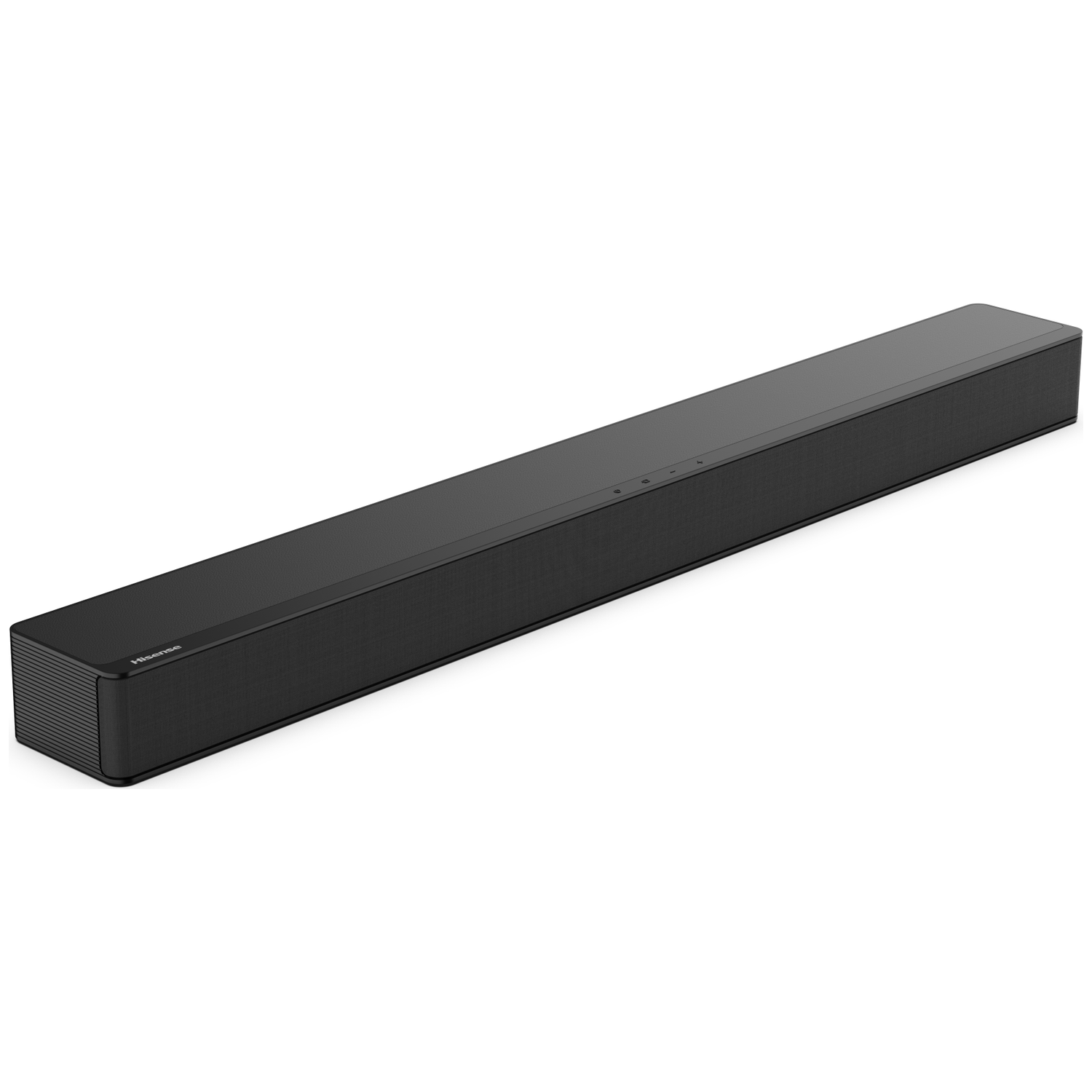 Een zwarte Hisense soundbar. Hij is rechthoekig met een mesh voorkant. De bovenkant heeft knoppen. De achtergrond is wit.