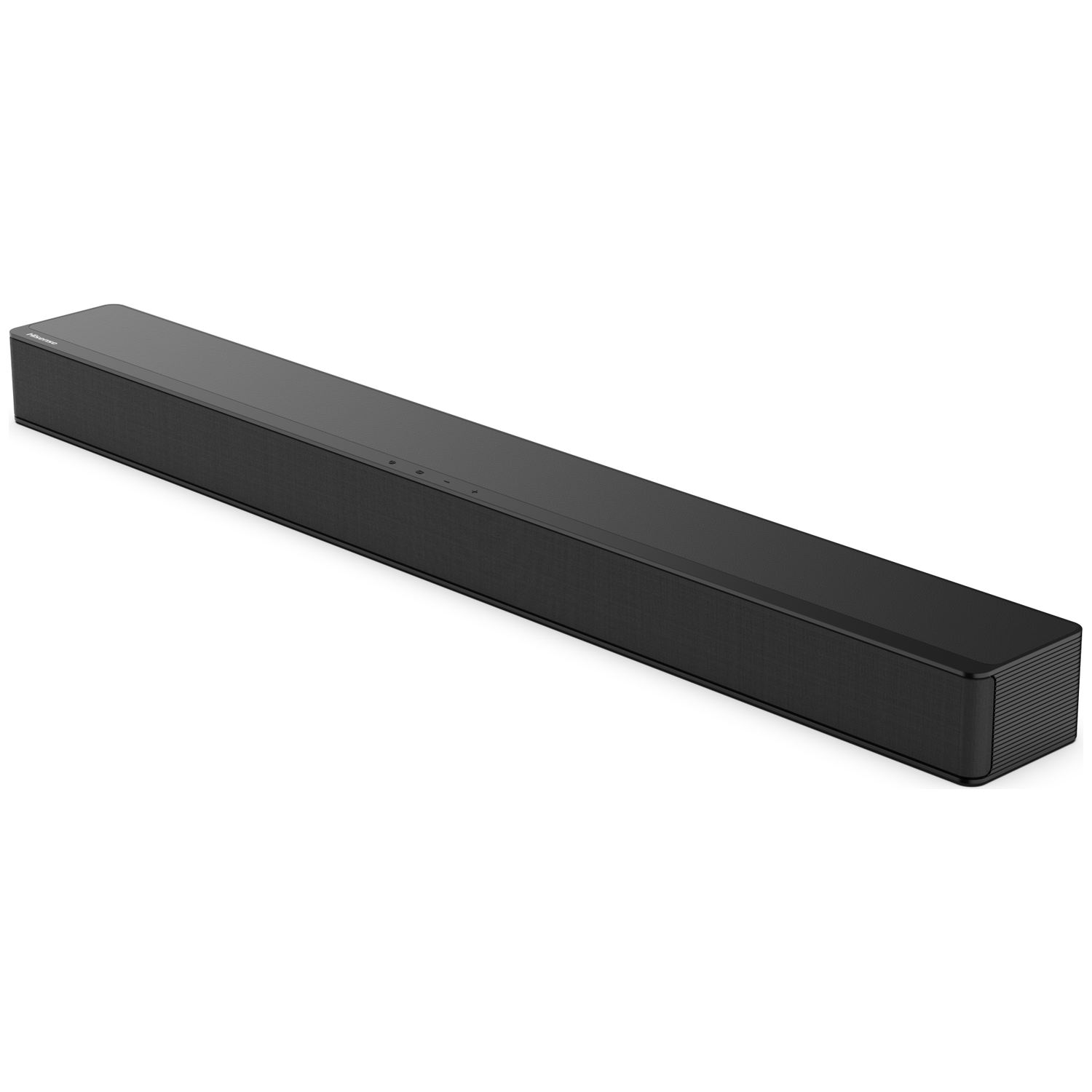 Een zwarte soundbar op een witte achtergrond. De soundbar is rechthoekig en heeft een luidsprekerrooster.
