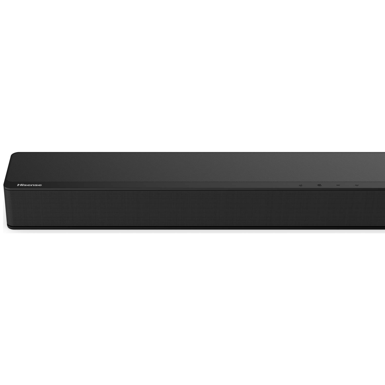 Een zwarte Hisense soundbar tegen een witte achtergrond. Hij heeft een mesh voorkant en bedieningsknoppen.