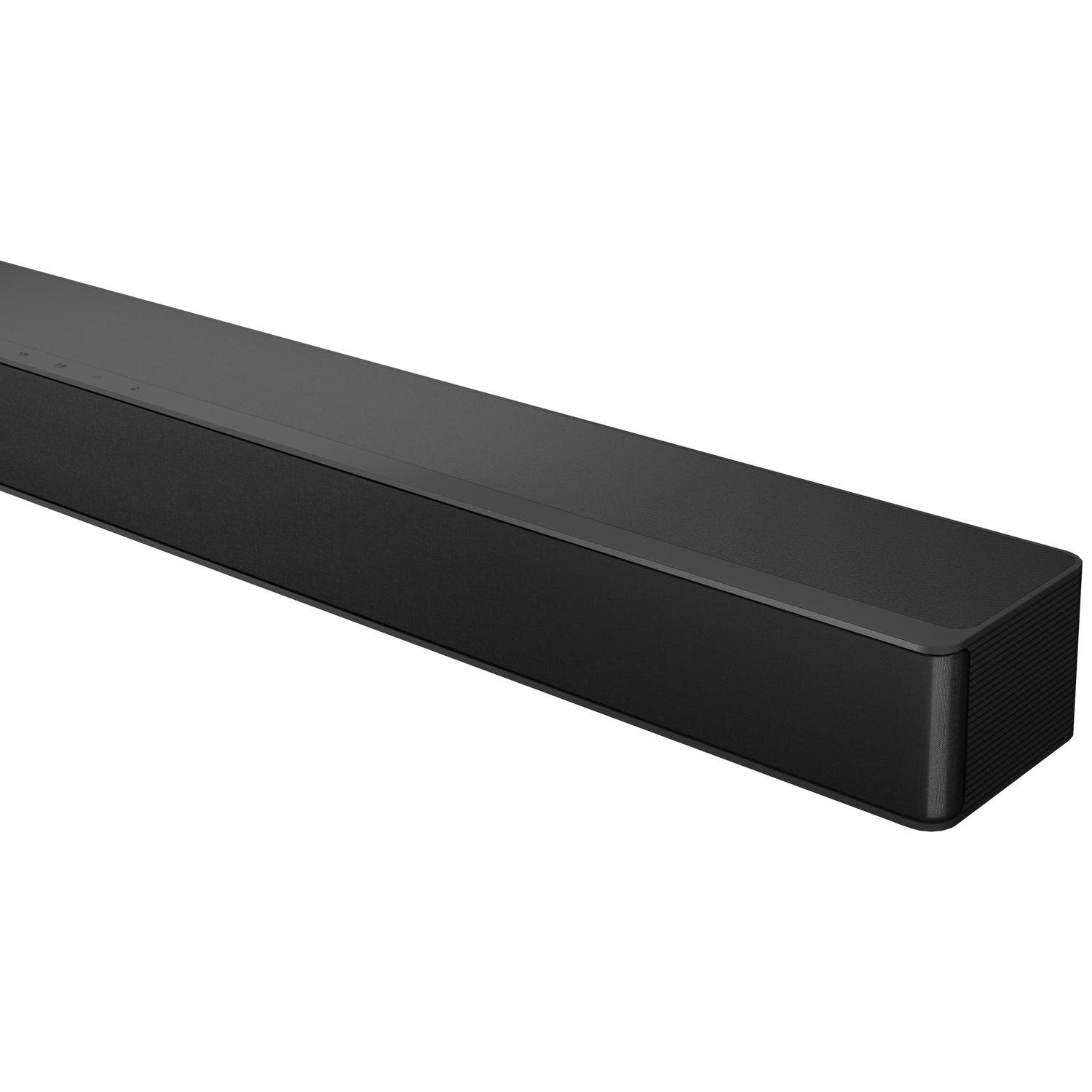 Een zwarte soundbar op een witte achtergrond. De soundbar is rechthoekig, met een mesh voorkant. Bedieningsknoppen zijn zichtbaar bovenop.