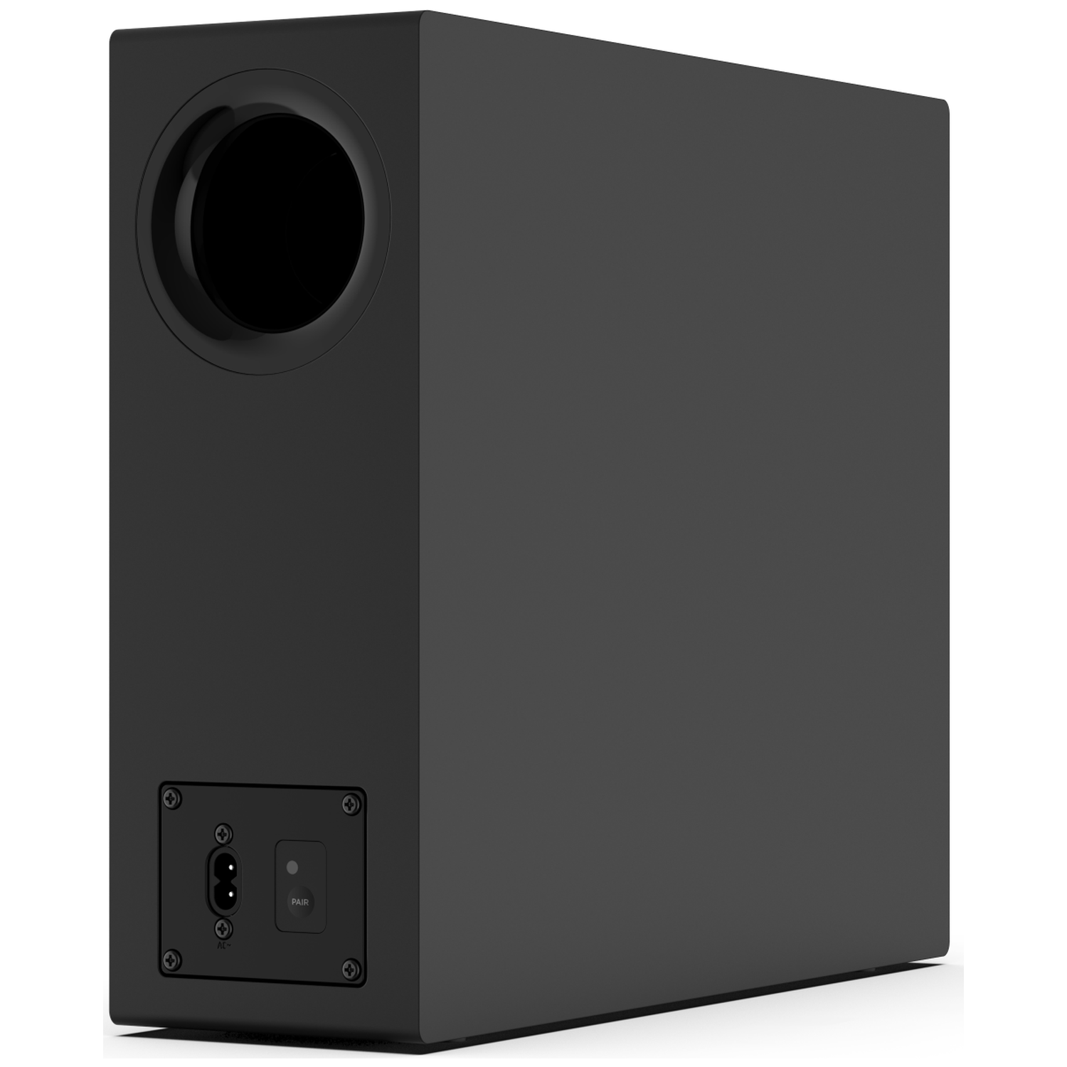 Een zwarte subwoofer met een ronde poort aan de voorkant en stroom- en koppelpoorten aan de achterkant.