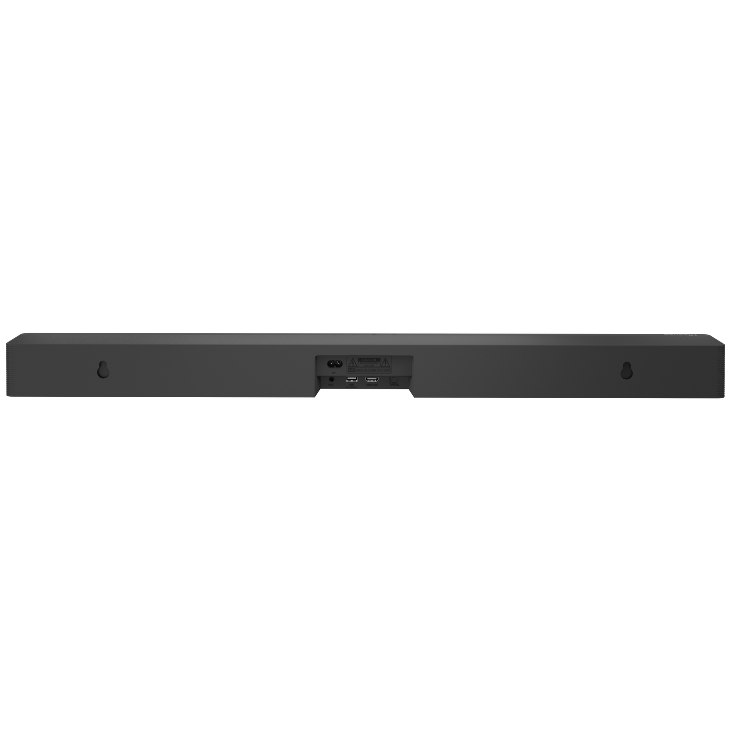 Een zwarte soundbar tegen een witte achtergrond. Het heeft verschillende poorten en een stroomingang aan de achterkant.