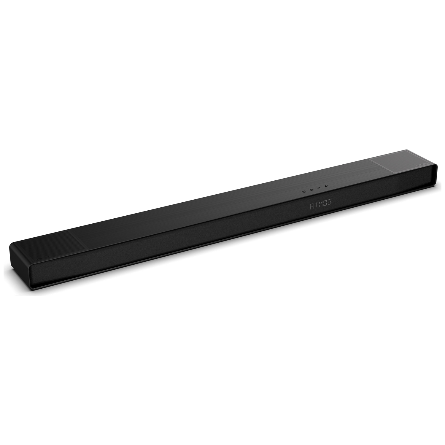 A black soundbar on a white background. The word 'ATMOS' is visible on the front. It has a rectangular shape.