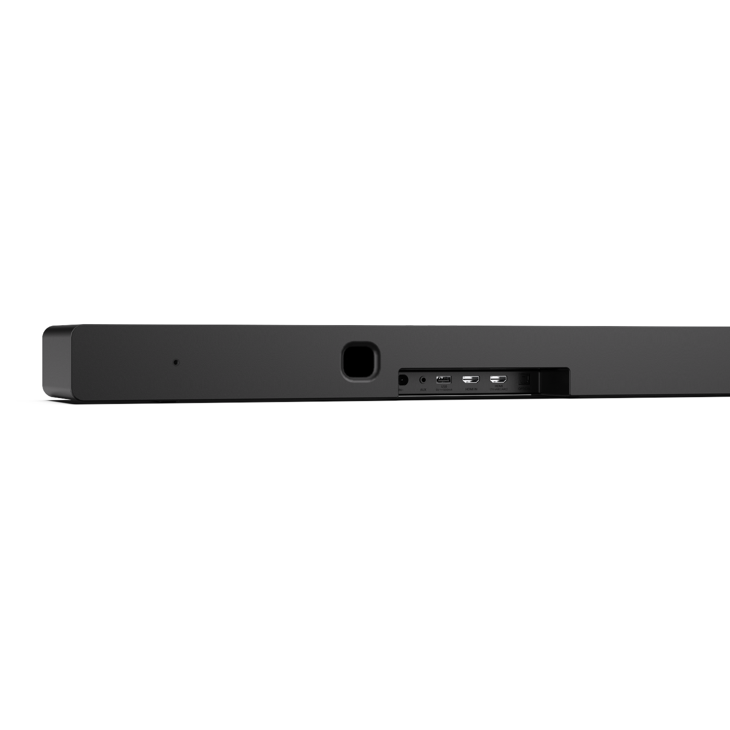 A black soundbar on a white background. It has various ports: IN, AUX, USB, HDMI IN, TV eARC/ARC, and OPTICAL.