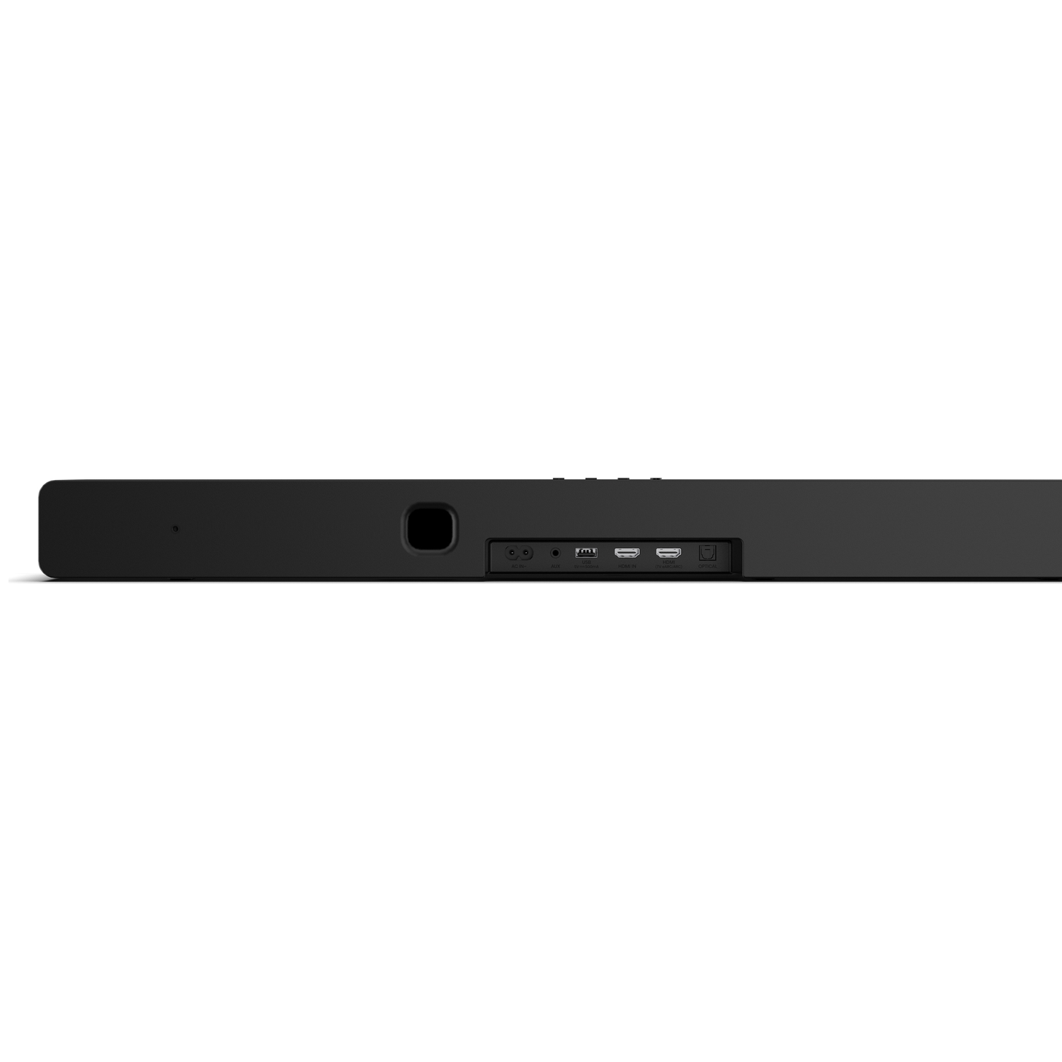 A black soundbar with various input ports visible. The soundbar is on a white background, with a few buttons on top.