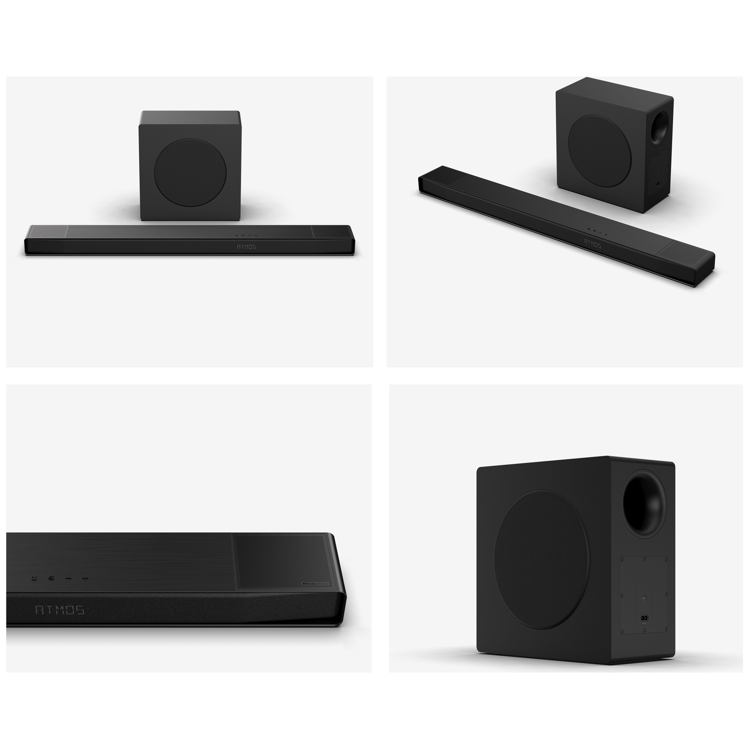 Four images of a black soundbar and subwoofer set. The set is displayed from different angles, showcasing its design and details.