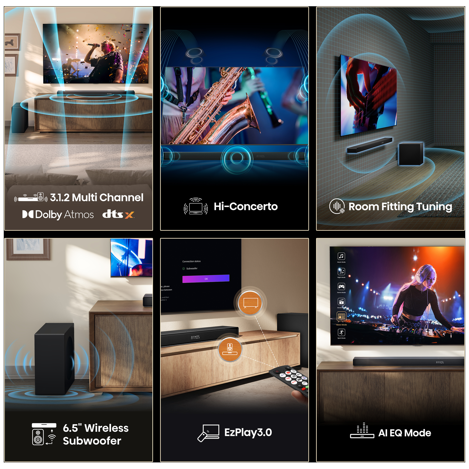 A home entertainment setup with a TV, soundbar, subwoofer, and remote control. Features include Dolby Atmos, Hi-Concerto, and AI EQ Mode.