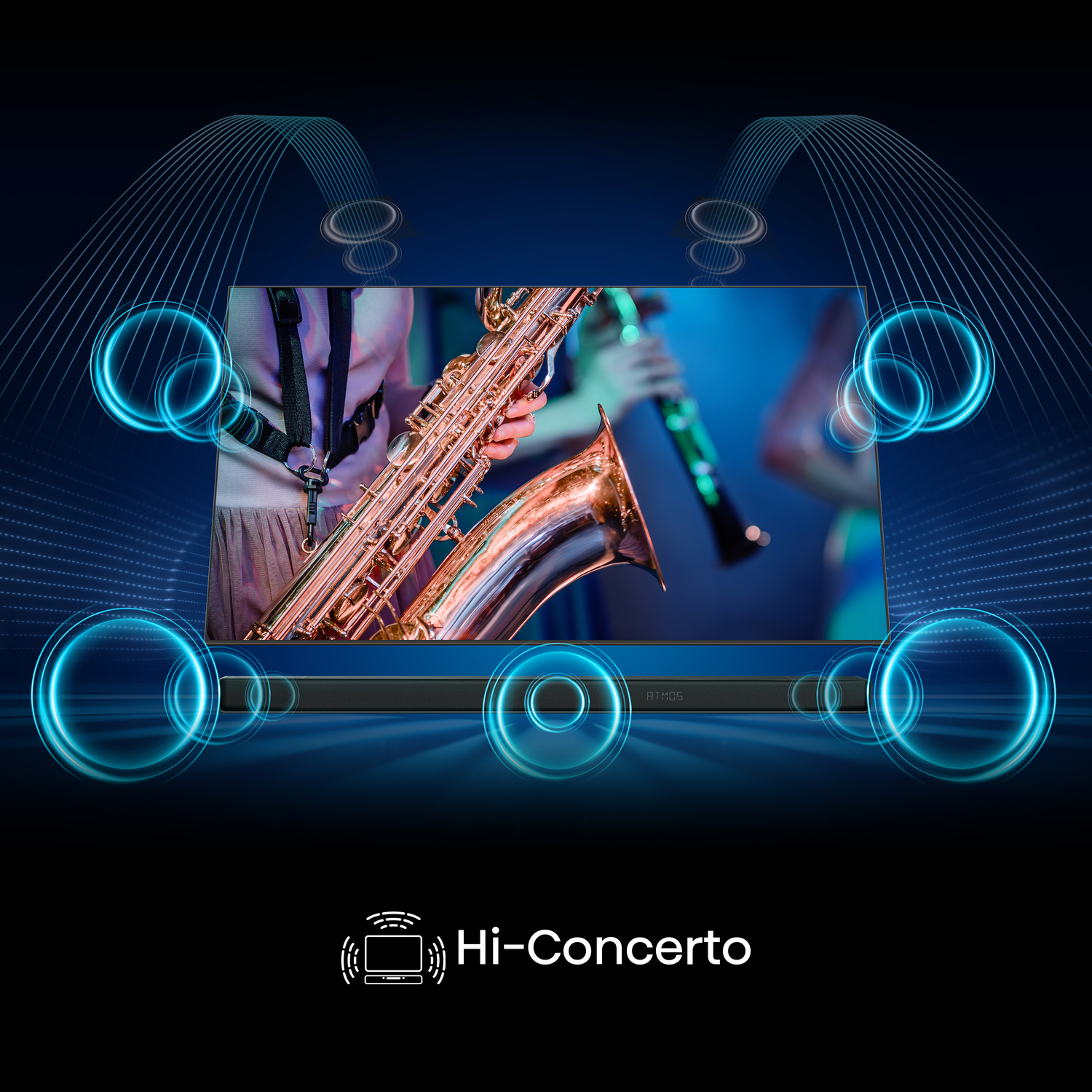 A saxophone player performs on stage. The image has a blue and black background with the text "Hi-Concerto".