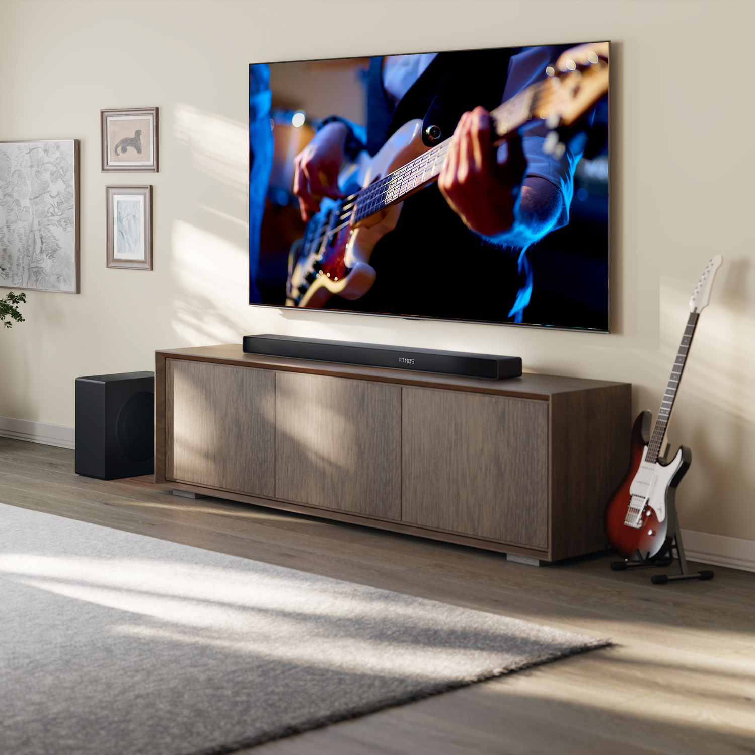 Living room with TV, soundbar, and guitar. TV shows a person playing guitar. A subwoofer is on the left.