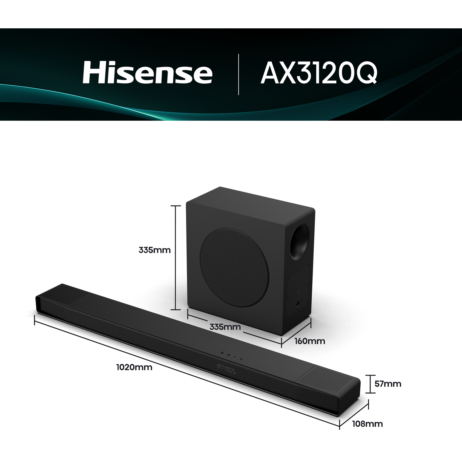 Black Hisense AX3120Q soundbar and subwoofer. Dimensions are labeled: soundbar 1020mm, subwoofer 335x335x160mm. Atmos logo is visible.