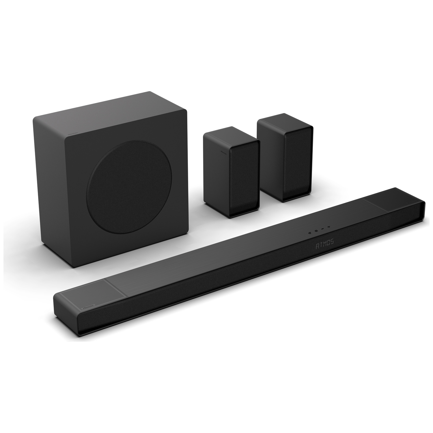 A black sound system on a white surface. It includes a soundbar, subwoofer, and two smaller speakers.