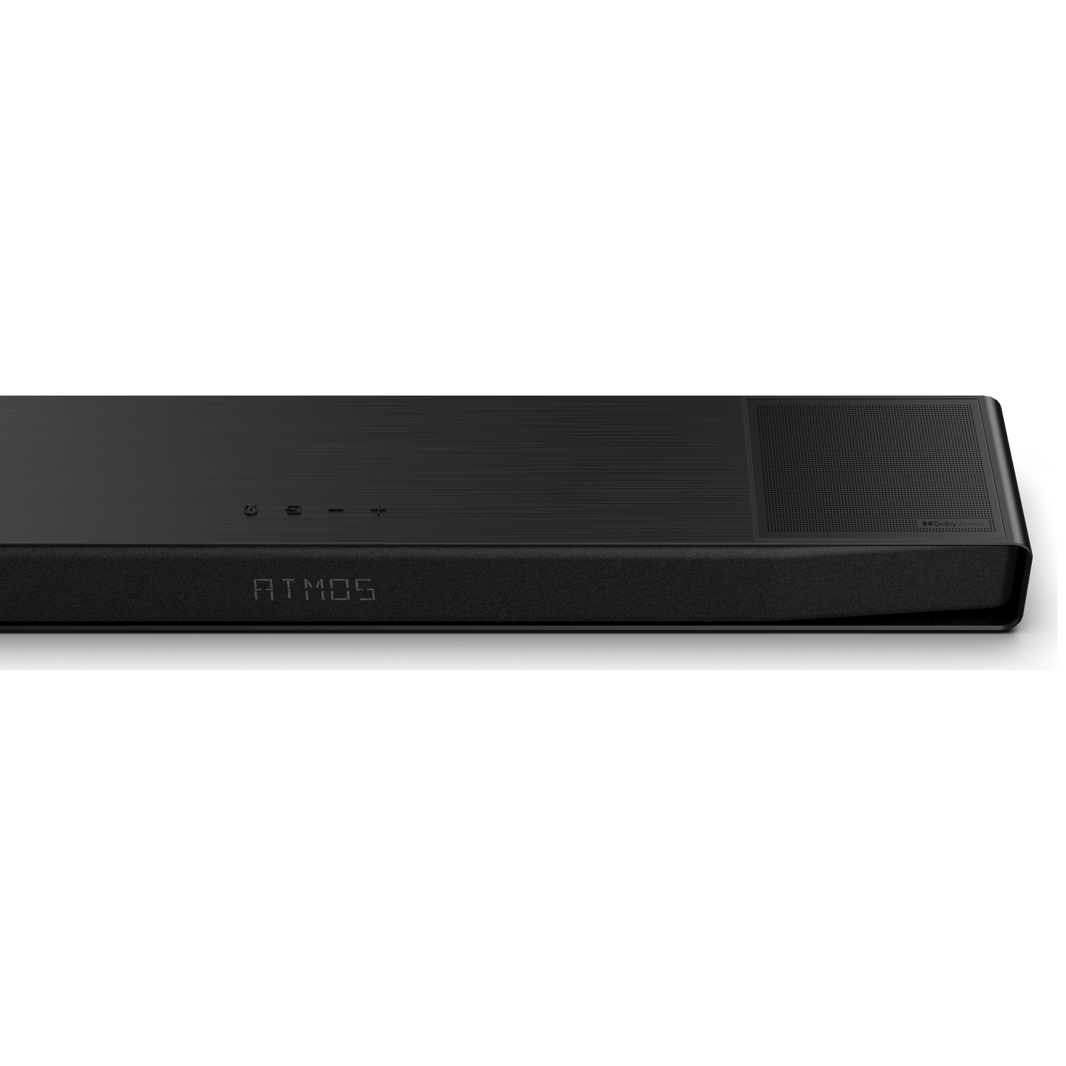 A black soundbar with the word ATMOS on the front. It has controls on the top and a speaker on the right.