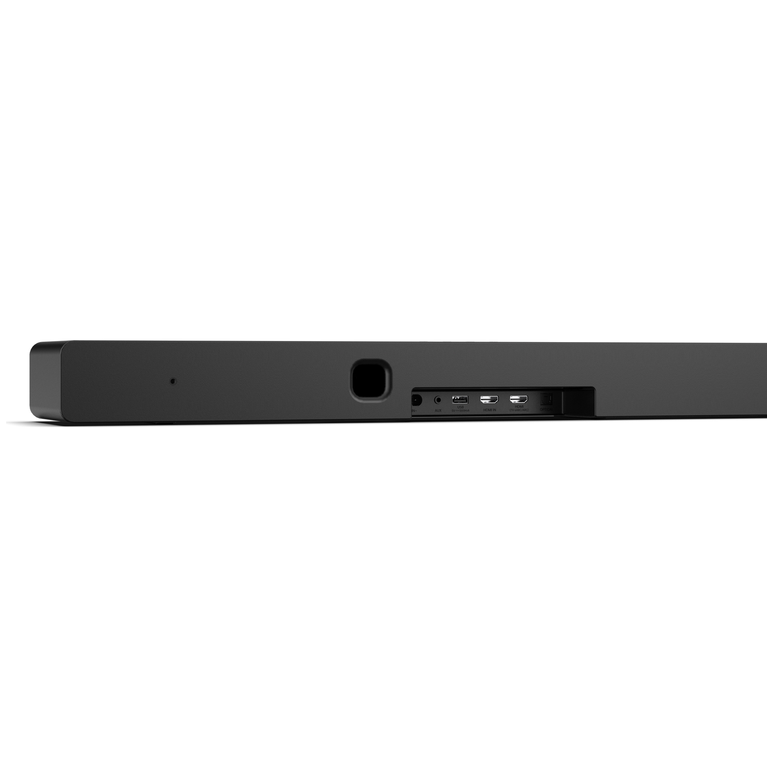 A black soundbar, seen from the back. It has multiple ports including AUX, HDMI, and optical. The background is white.