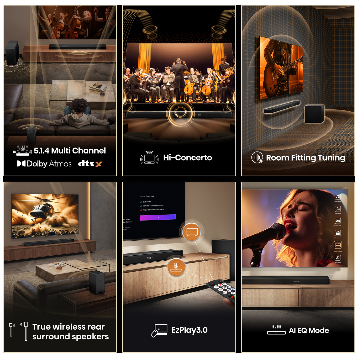 A sound system setup. Includes a soundbar, subwoofer, and rear speakers. Features include Dolby Atmos, DTS:X, and AI EQ mode.