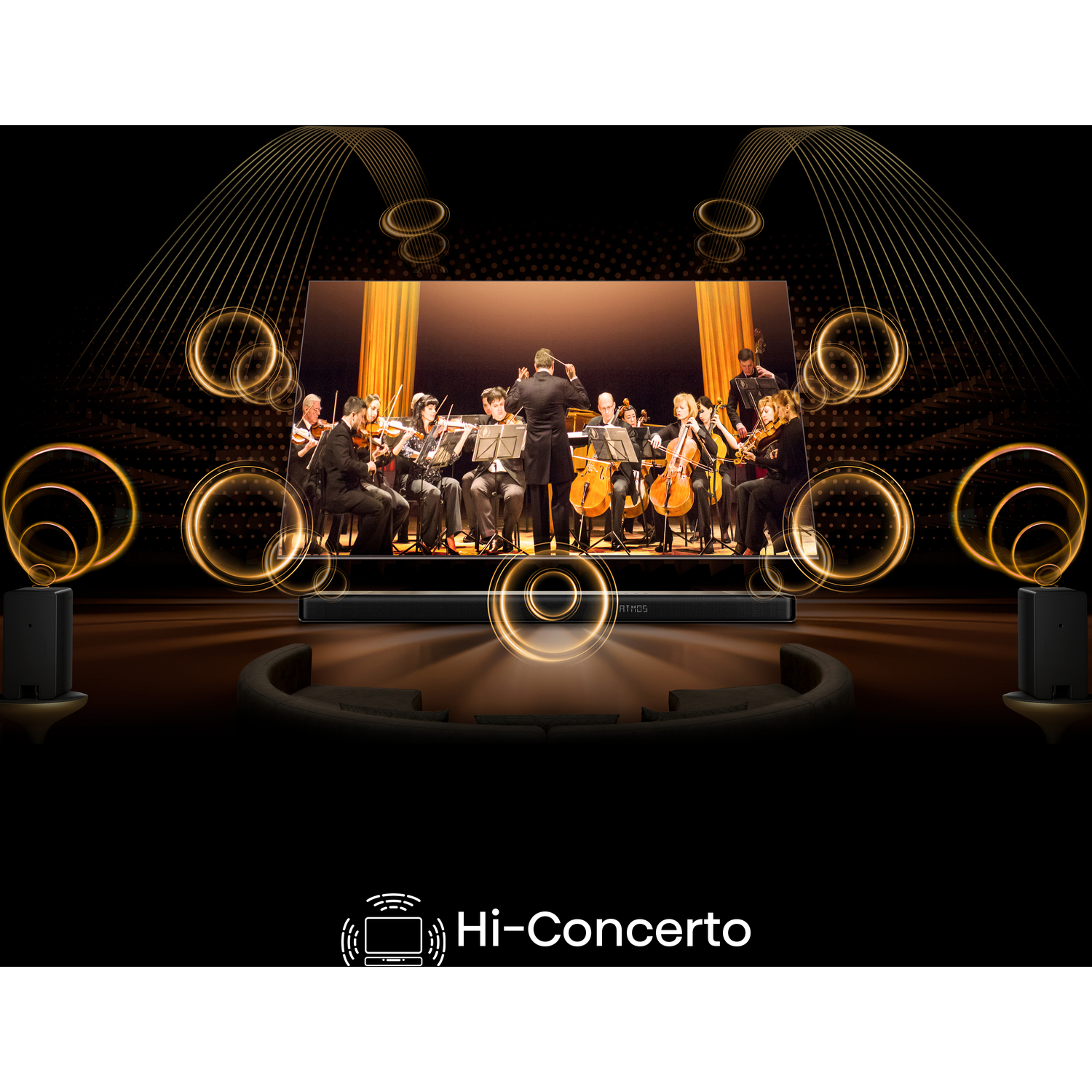 An orchestra performs on a screen, with speakers on the sides. Golden soundwave graphics surround the screen, with a Hi-Concerto logo.