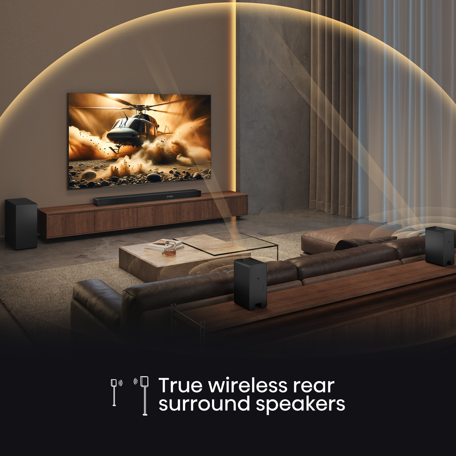 Living room setup with TV displaying a helicopter scene, soundbar, two black speakers, and a brown leather sofa. Text: surround speakers.