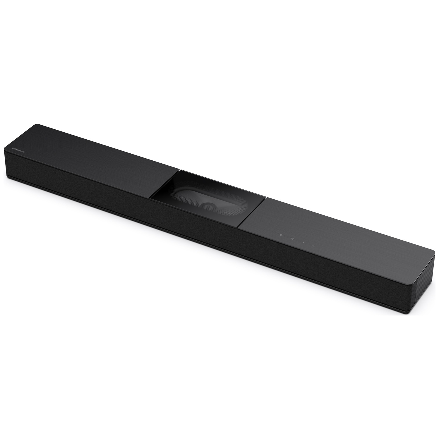 Une barre de son noire sur fond blanc. Design élégant, forme rectangulaire et plusieurs boutons de commande sur le dessus.