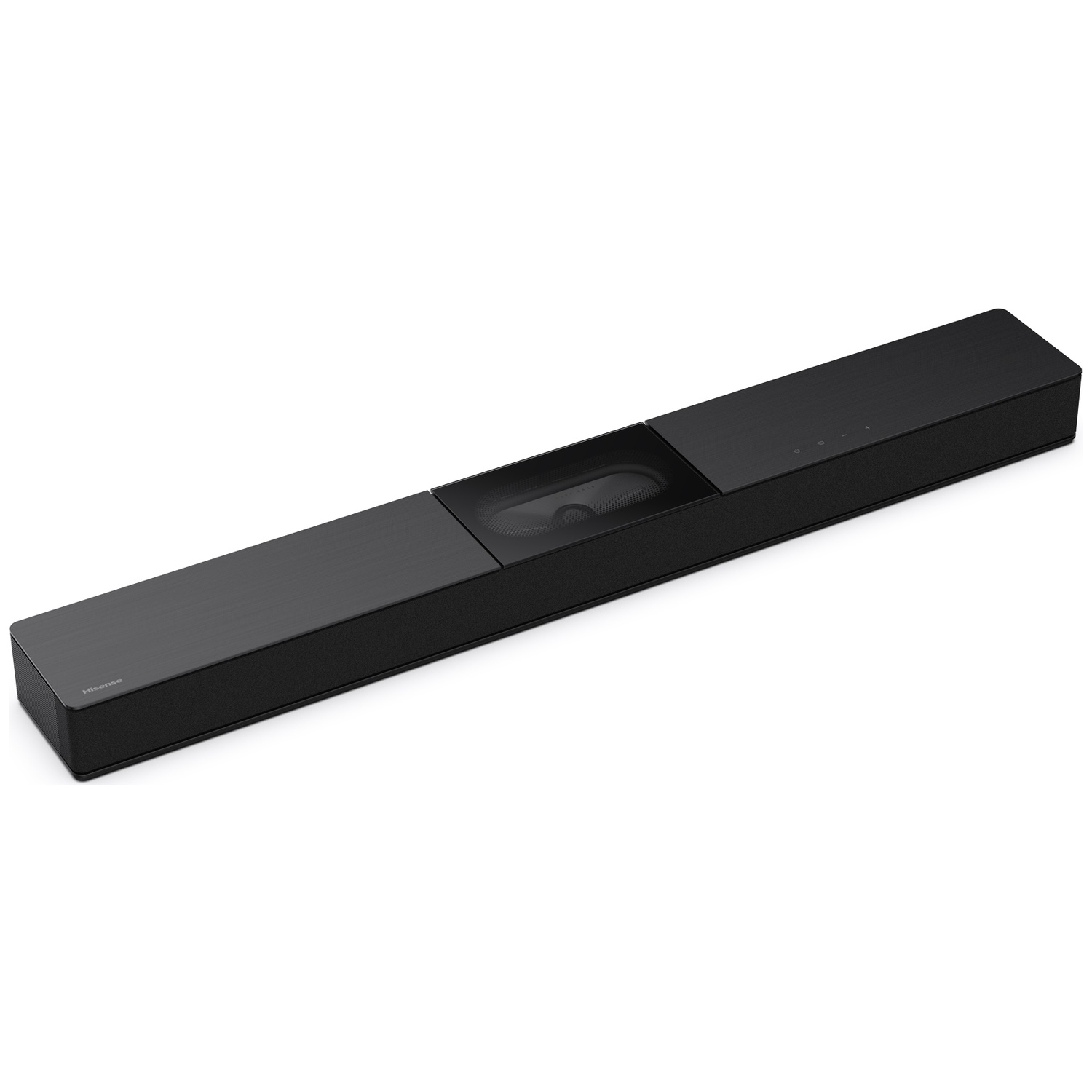 Une barre de son Hisense noire, rectangulaire avec un haut-parleur central. Des boutons sont visibles sur le dessus. Le fond est blanc.