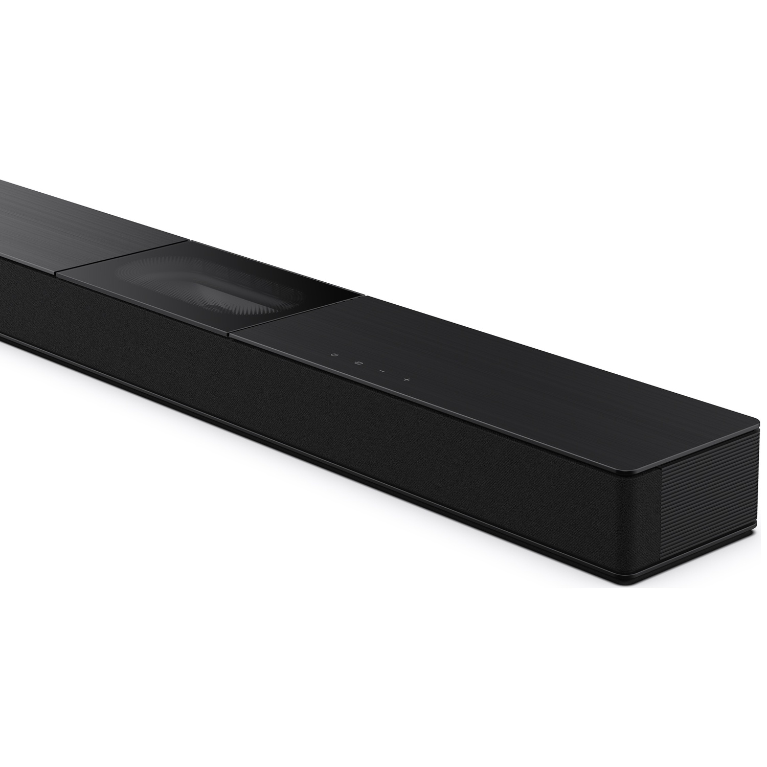 Une barre de son noire sur fond blanc. Elle a un design élégant avec une façade texturée et un dessus lisse. Il y a des commandes tactiles.