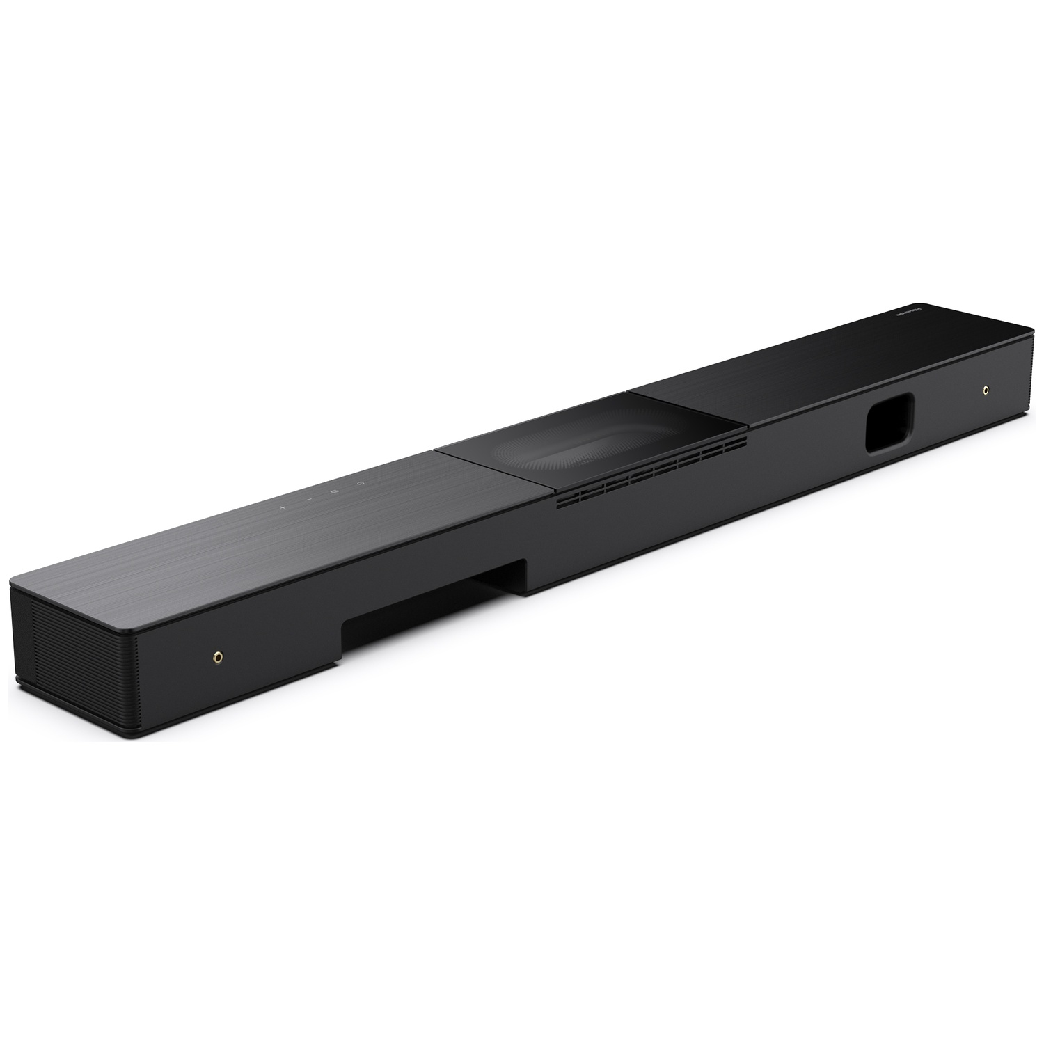 Une barre de son noire sur fond blanc. Elle a un design épuré avec un dessus texturé et divers ports. Aspect moderne.