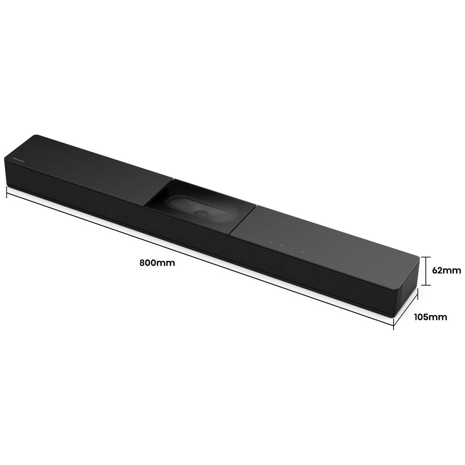 Une barre de son noire avec des dimensions indiquées. Elle mesure 800 mm de long, 62 mm de haut et 105 mm de profondeur. Le logo Hisense est visible.
