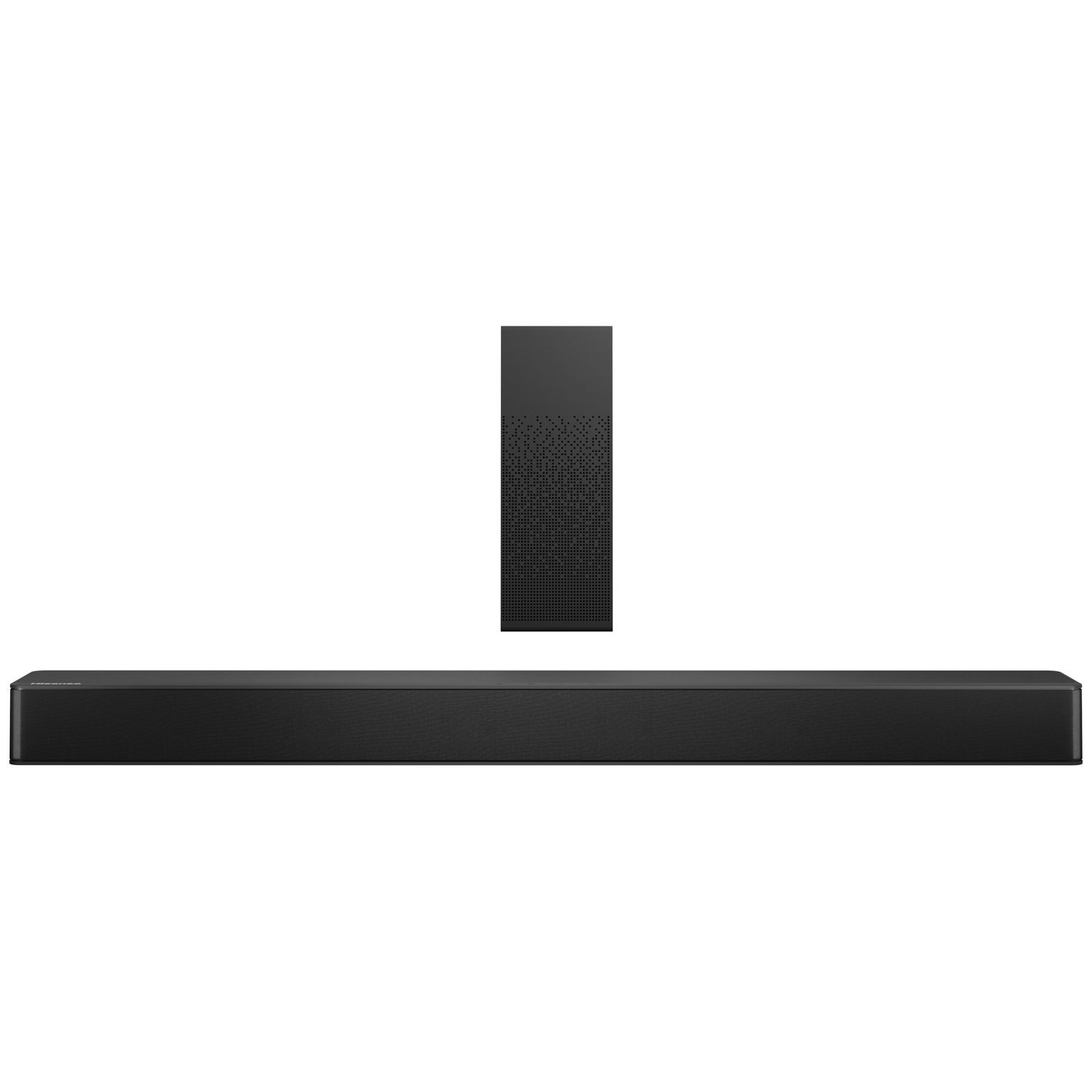 Une barre de son et une télécommande noires sur fond blanc. La barre est rectangulaire, la télécommande plus petite.