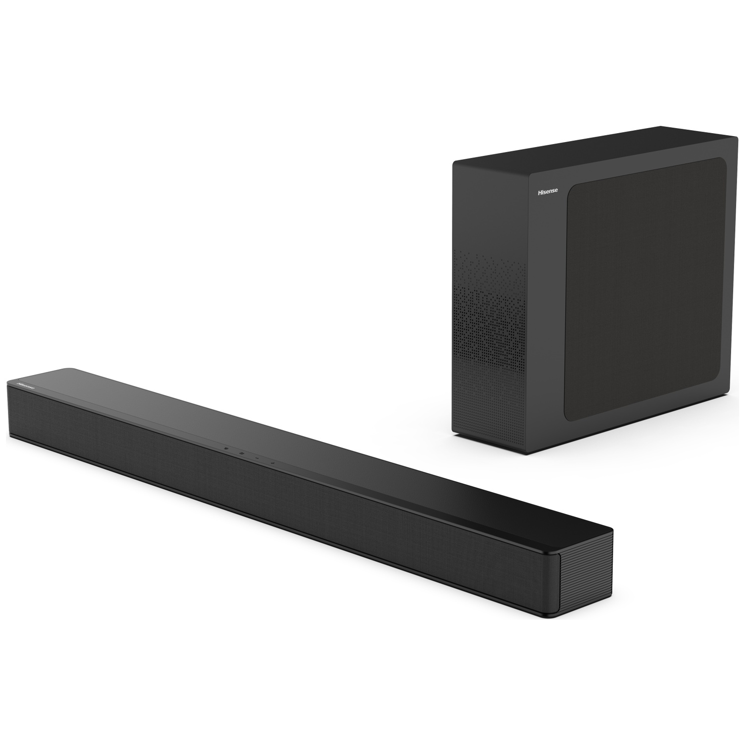 Une barre de son et un caisson de basses noirs sur fond blanc. La barre de son est longue, le caisson est un cube.