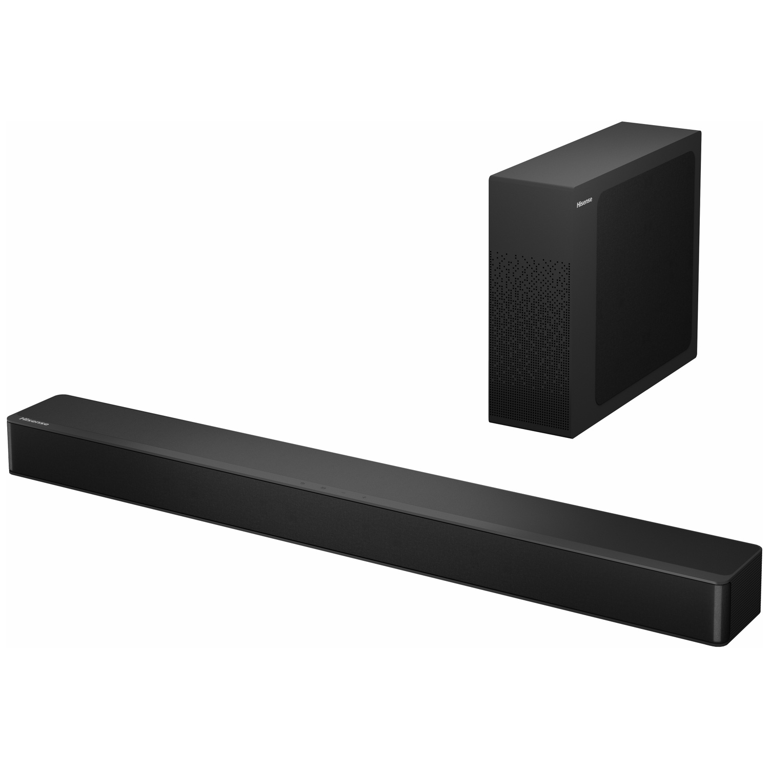 Une barre de son et un caisson de basses Hisense noirs. La barre de son est longue et rectangulaire. Le caisson de basses est un cube noir avec une grille de haut-parleur.