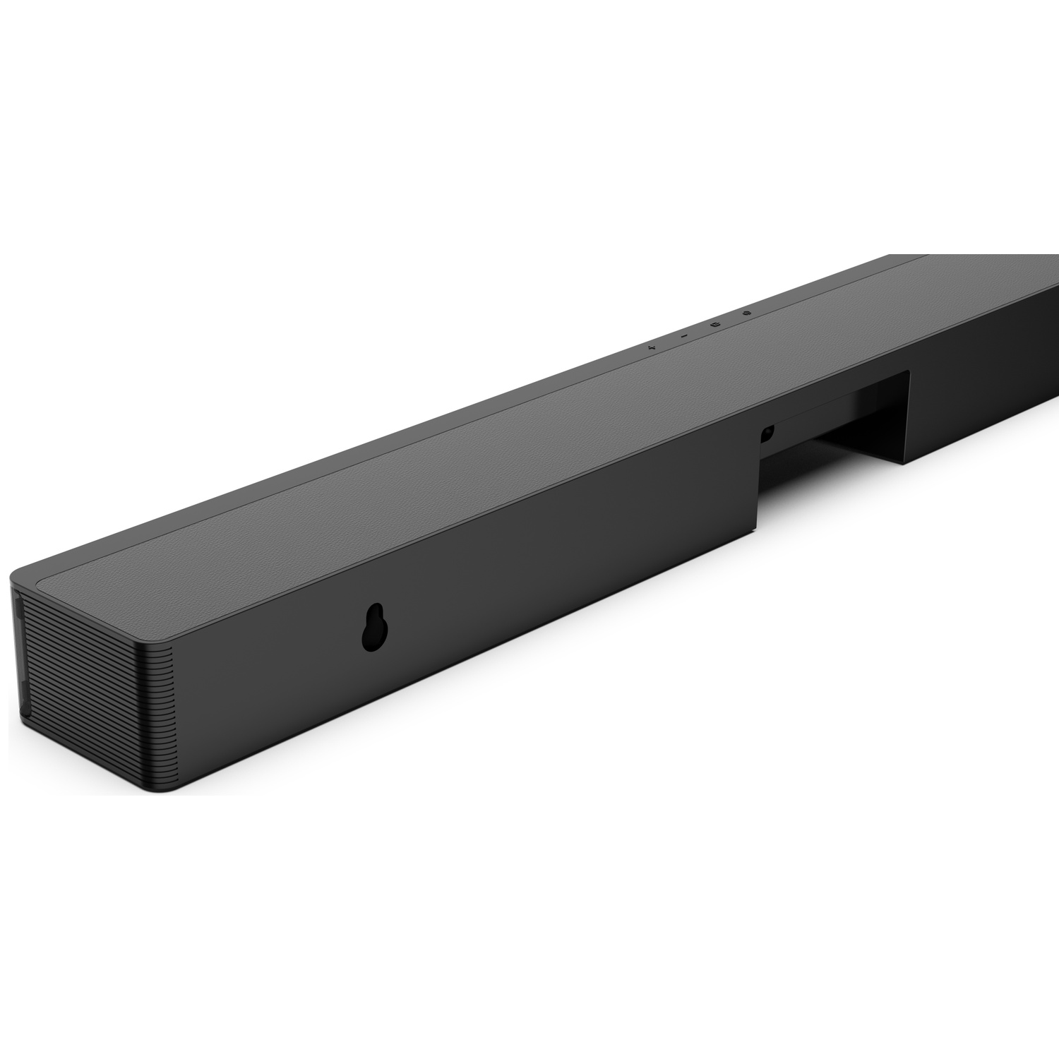 Une barre de son noire sur fond blanc. Elle a un dessus texturé et quelques boutons. La barre de son est rectangulaire.