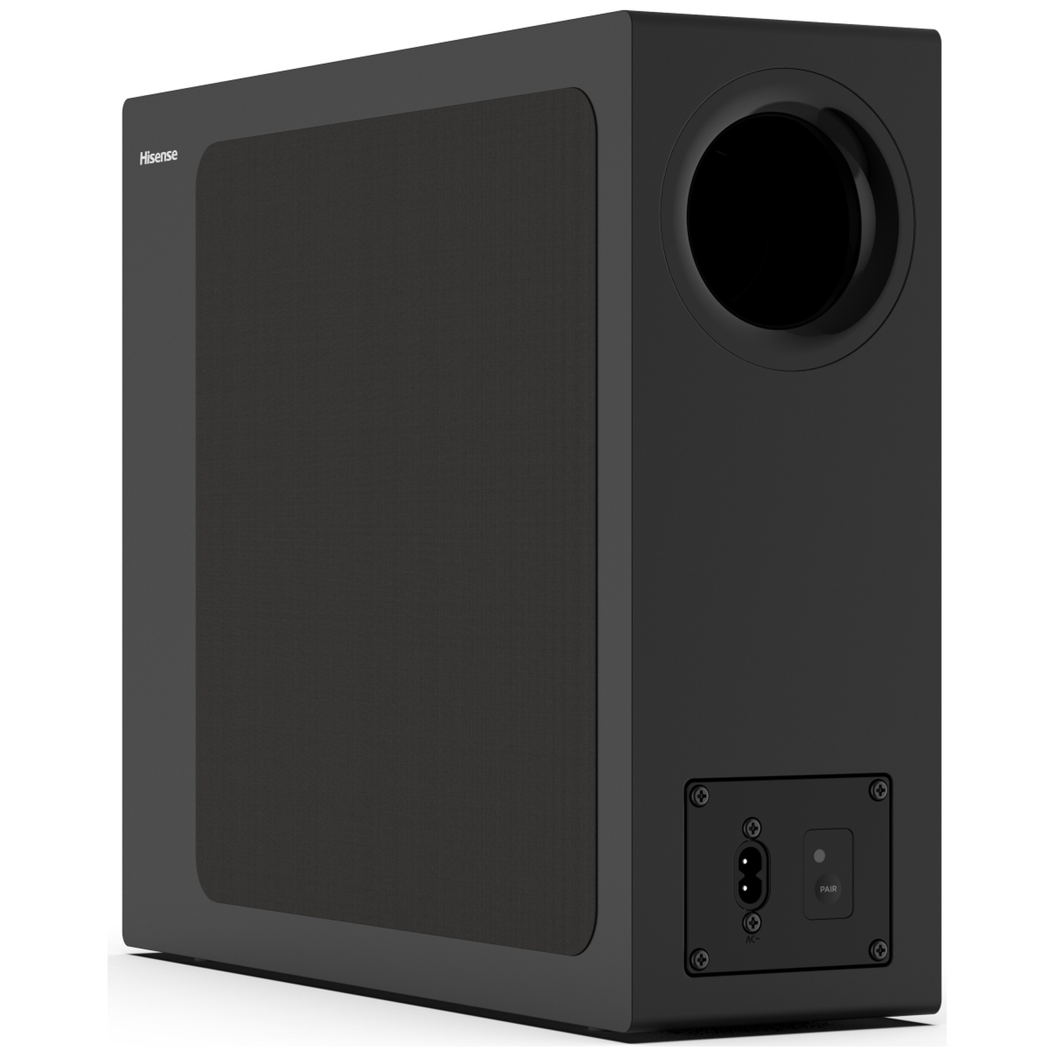 Un caisson de basses Hisense noir. Il possède une façade en mesh, un grand port circulaire et un panneau d'alimentation/jumelage à l'arrière.