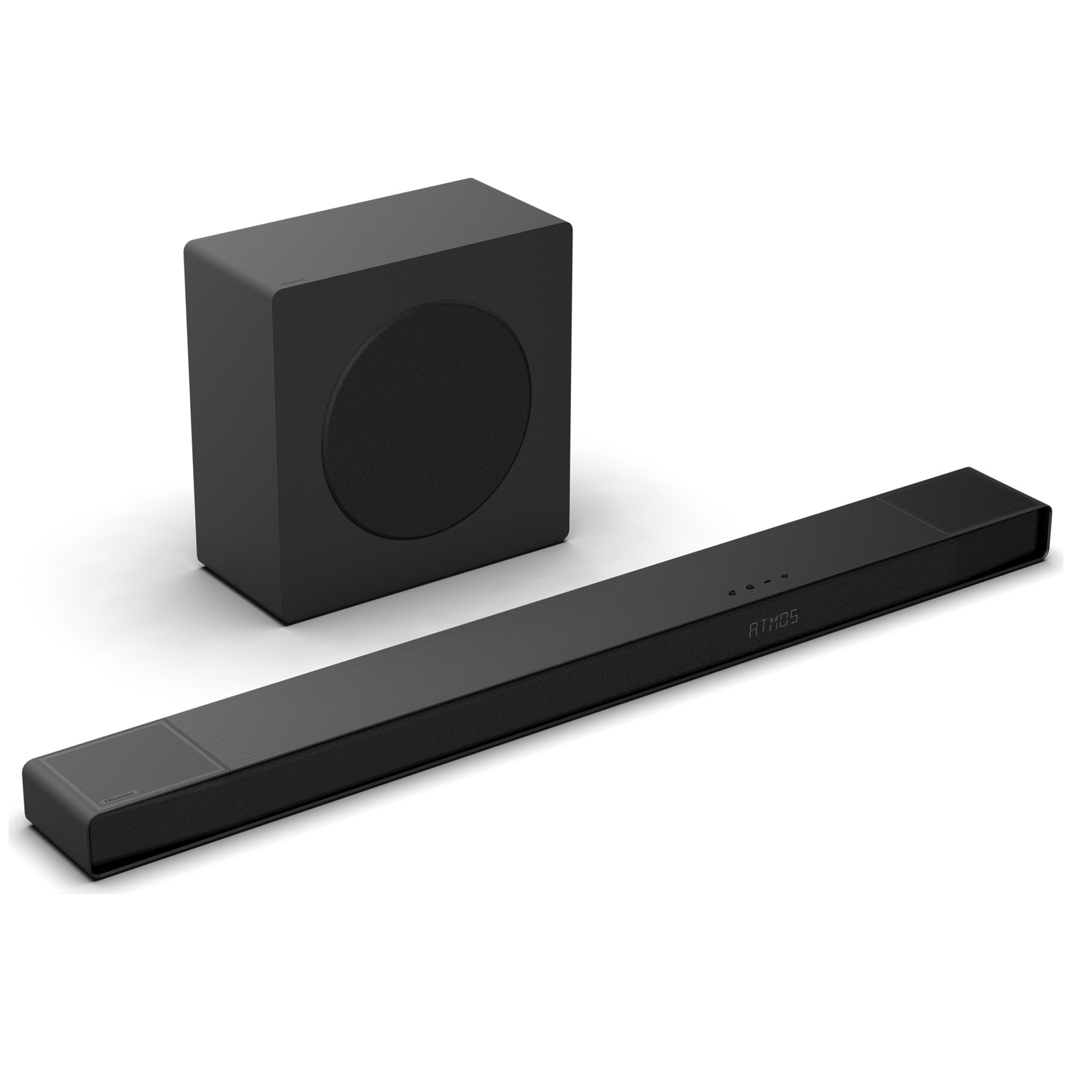Un ensemble barre de son et caisson de basses noirs sur une surface blanche. La barre de son est longue, le caisson est un cube.