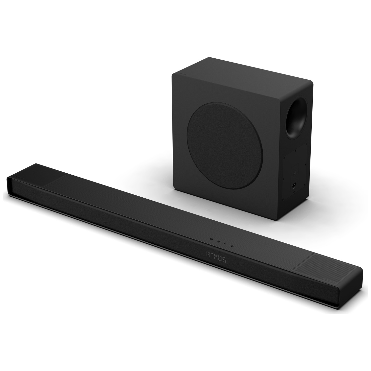Un ensemble barre de son et caisson de basses noirs. La barre de son est longue et rectangulaire. Le caisson de basses est un cube noir avec un grand haut-parleur circulaire.