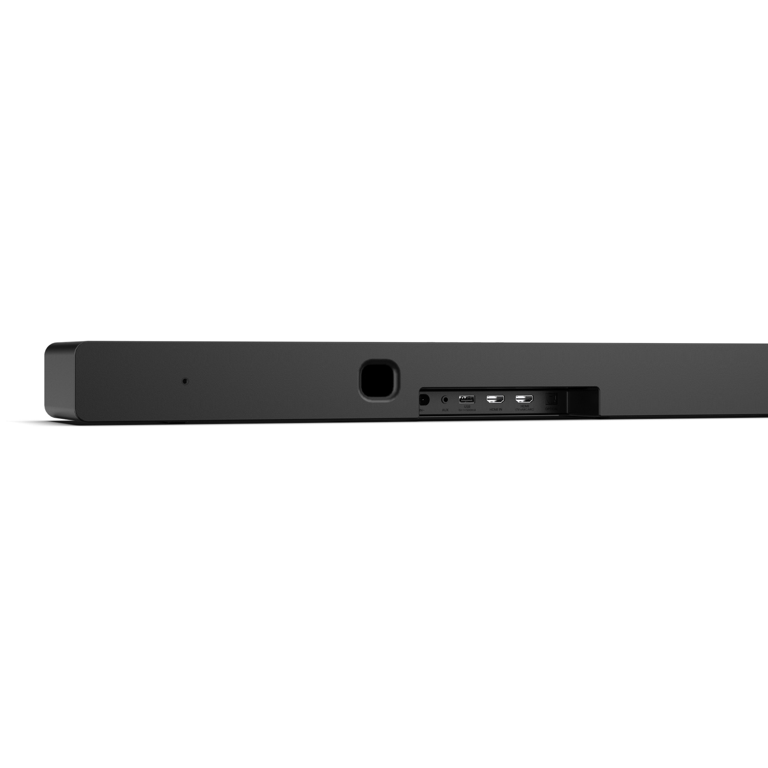 Une barre de son noire avec divers ports : USB, HDMI et optique. Elle possède un bouton d'alimentation et un port de haut-parleur. Le fond est blanc.