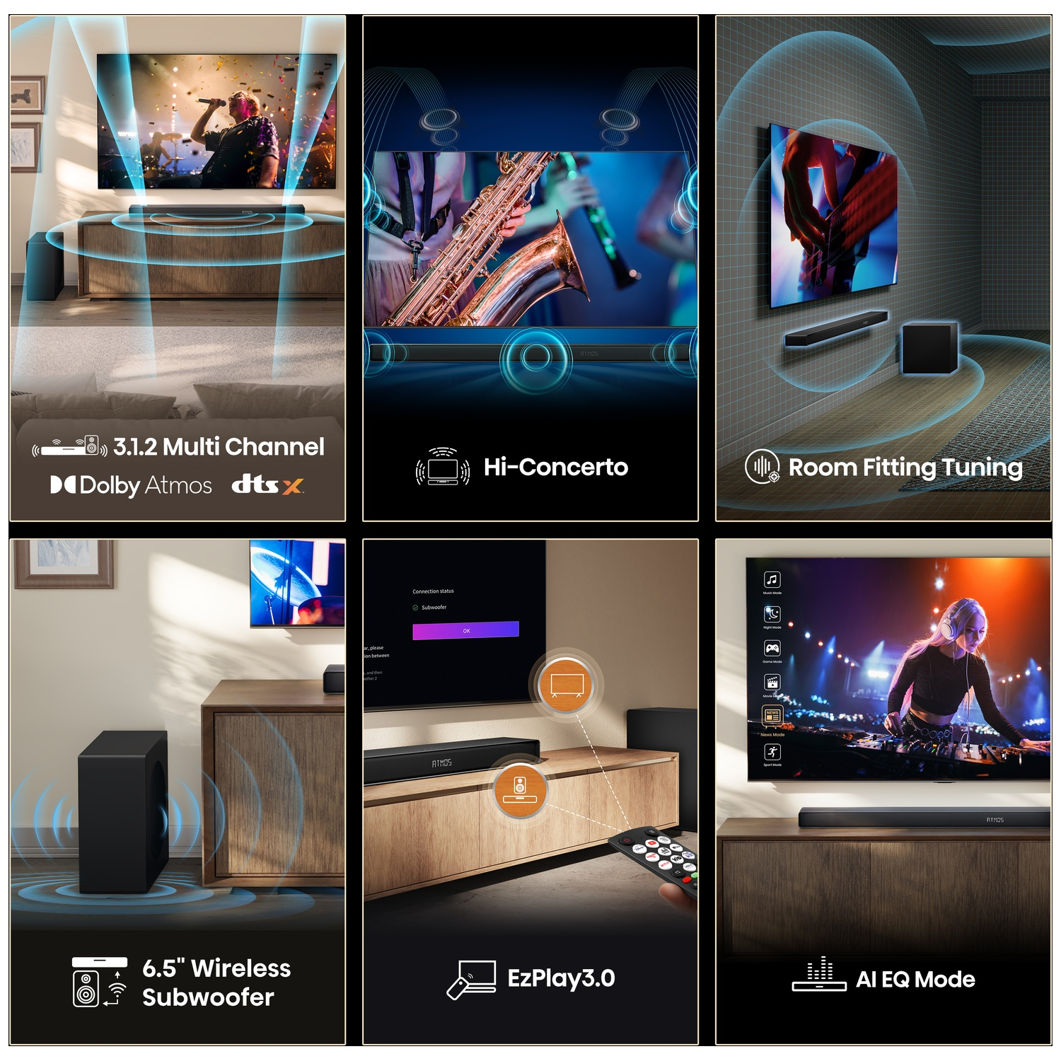 L'image montre un système home cinéma avec TV, barre de son et caisson de basses. Les fonctionnalités Dolby Atmos et AI EQ sont mises en avant.