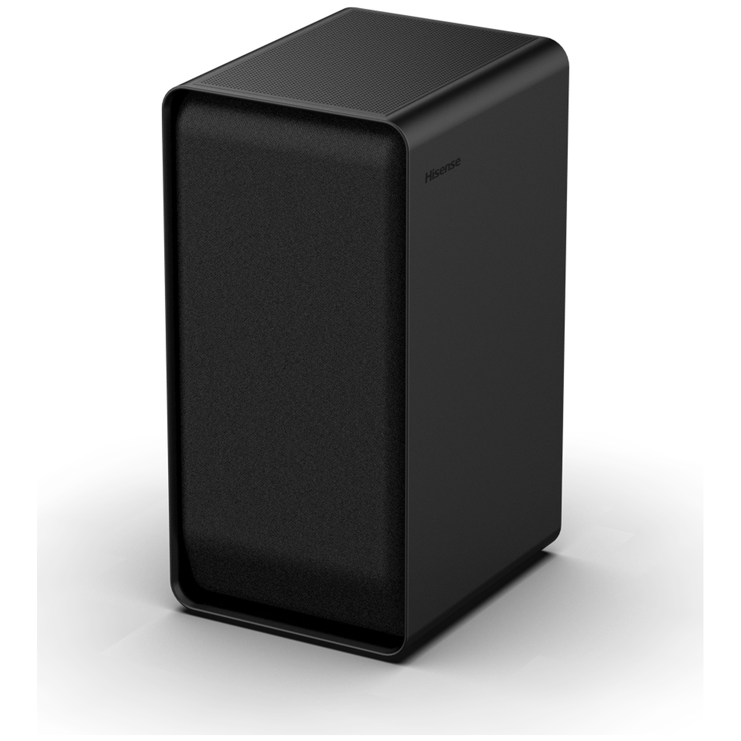 Une barre de son Hisense noire. Elle est rectangulaire avec des coins arrondis. L'avant est en maille noire, le dessus est texturé.