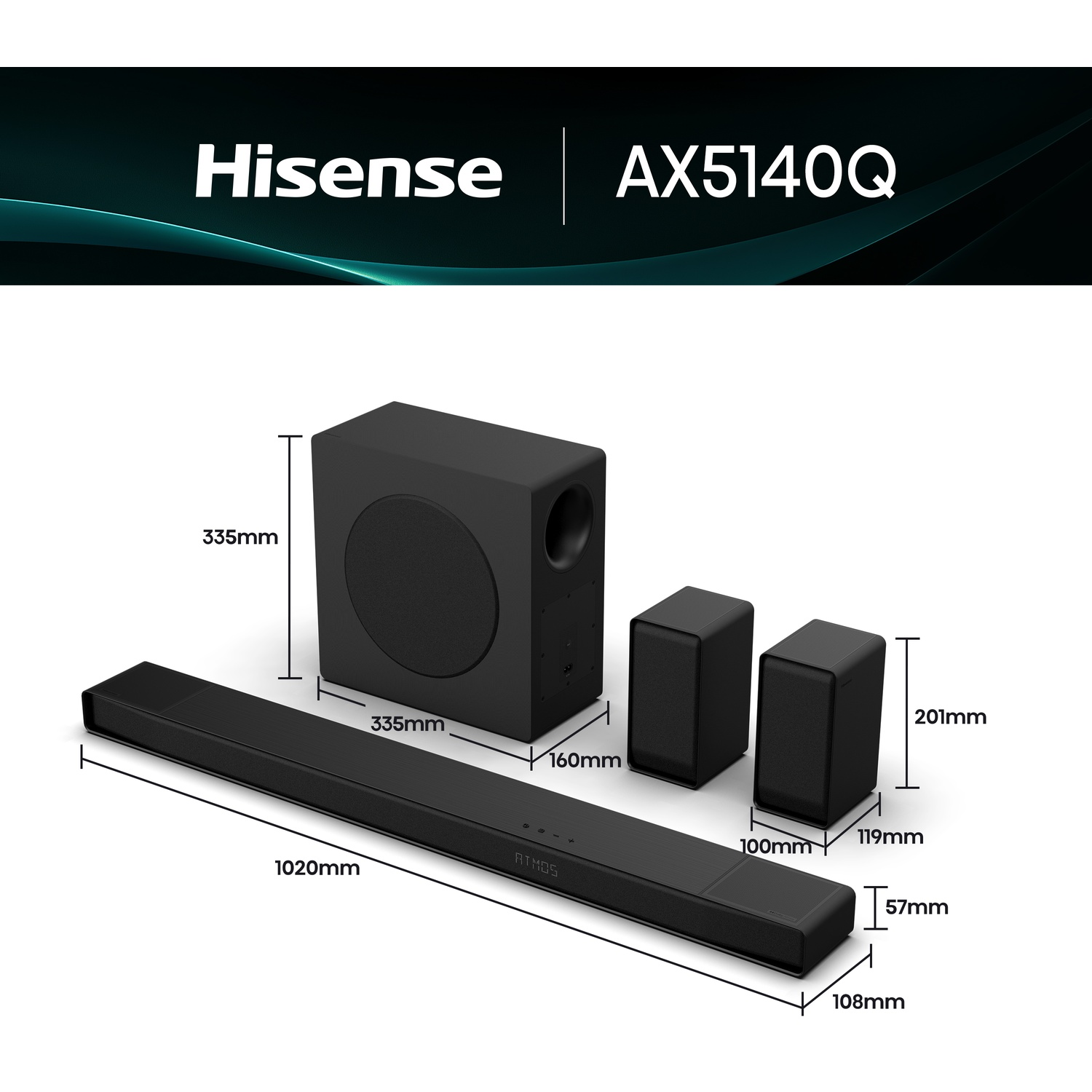 Un système de barre de son Hisense AX5140Q noir avec un caisson de basses et deux enceintes satellites. Les dimensions sont indiquées par des lignes noires.