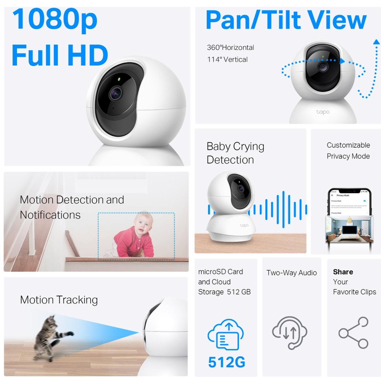 White security camera with features like motion tracking, baby crying detection, and cloud storage. Shows product features and capabilities.