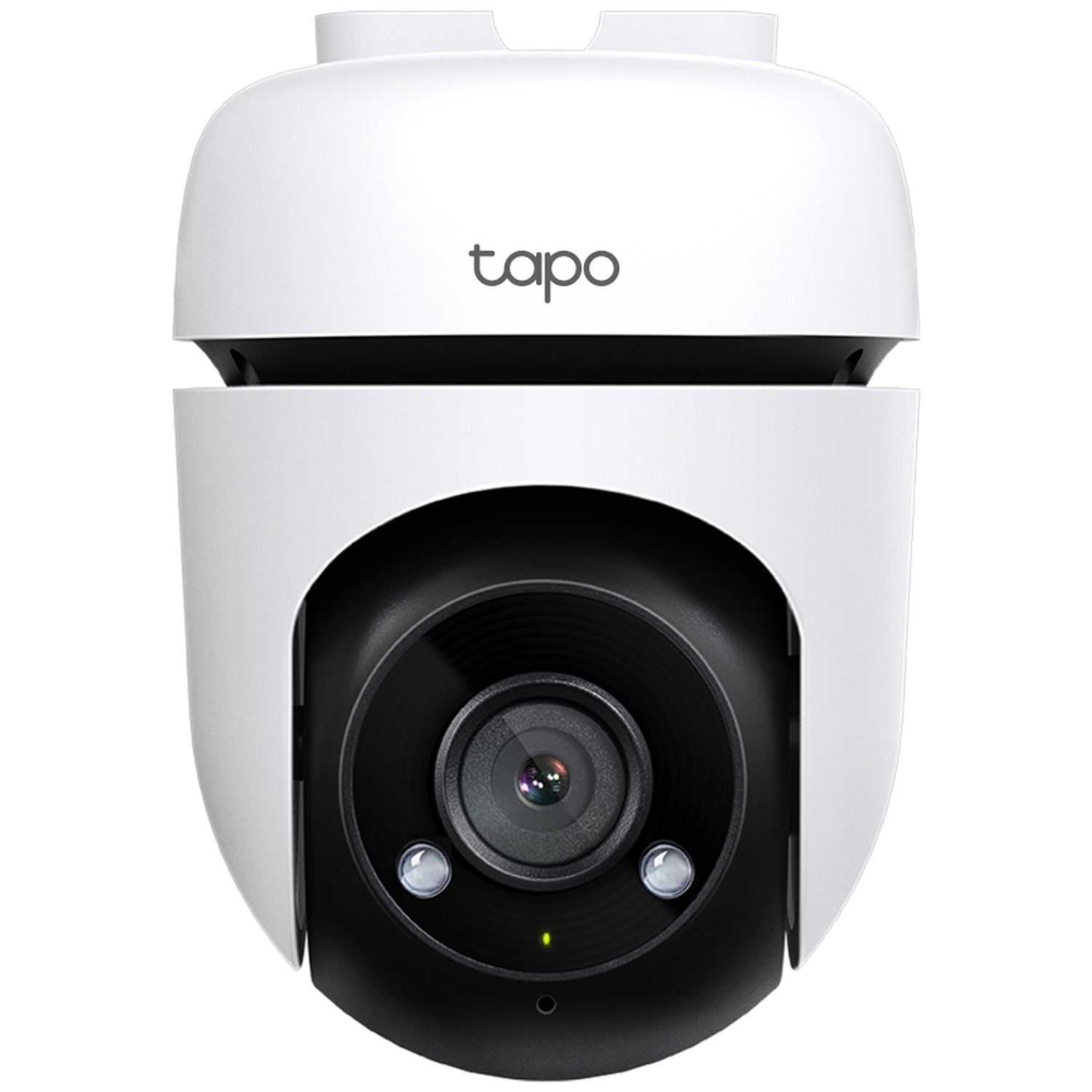 Een witte en zwarte Tapo beveiligingscamera. De camera heeft een lens, twee sensoren en het Tapo-logo. Op een witte achtergrond.