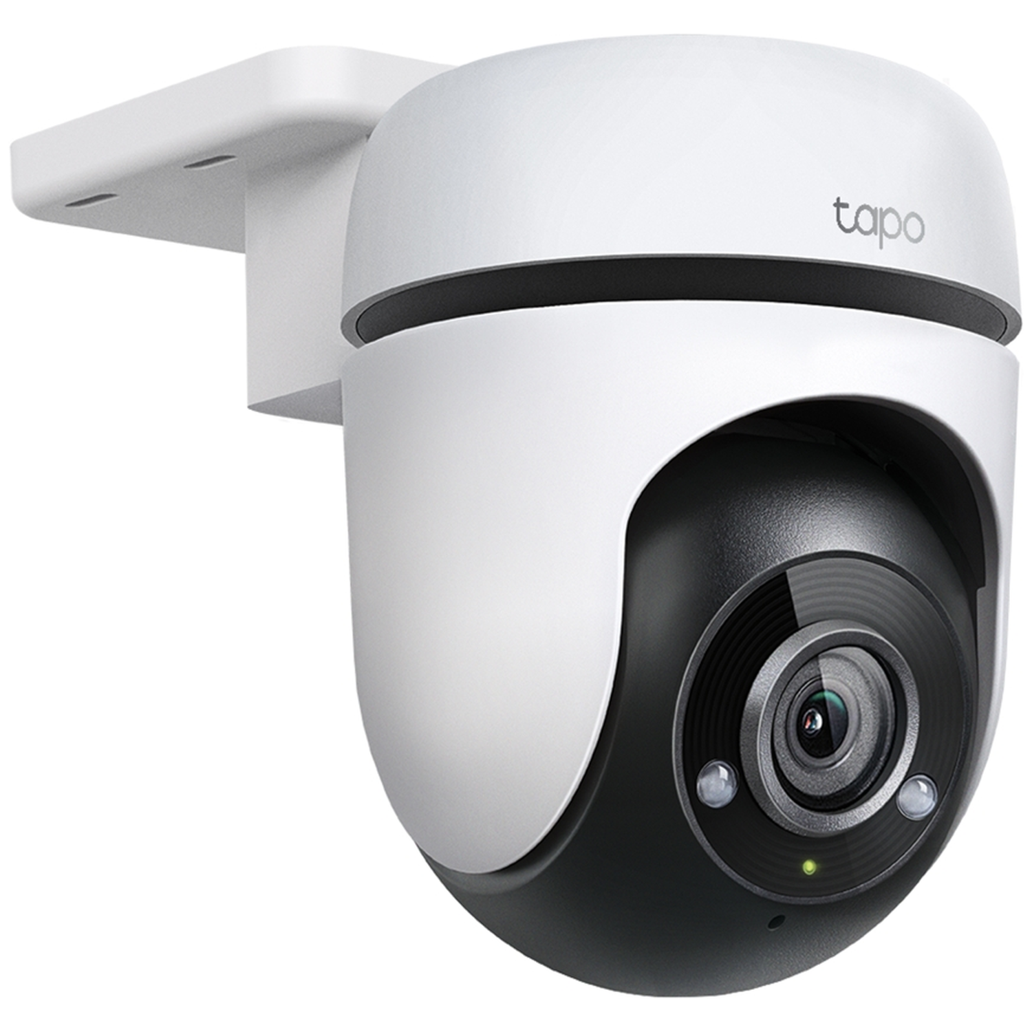 Een witte en zwarte Tapo beveiligingscamera is gemonteerd. Het heeft een afgerond ontwerp met een lens en infraroodlichten.