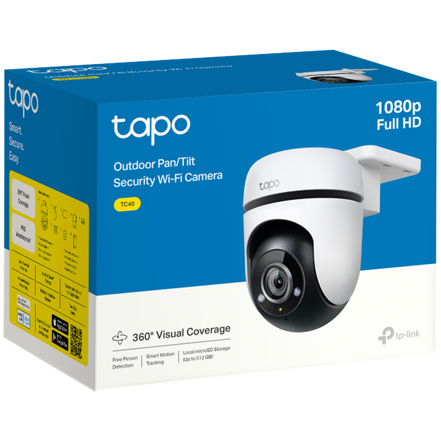 Een Tapo outdoor beveiligings Wi-Fi camera op de doos. De doos is blauw en wit, met de camera op de voorgrond.