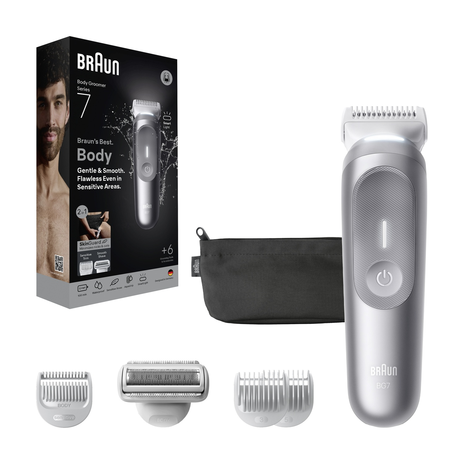 Un kit Braun Body Groomer Series 7. Include il rasoio, accessori e una scatola con un uomo e dettagli del prodotto.