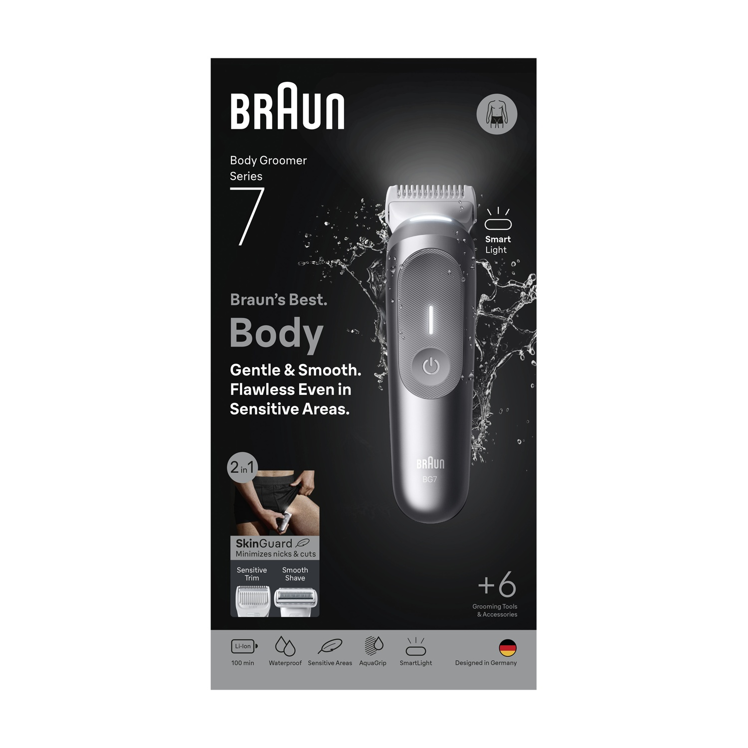 Una scatola Braun Body Groomer Series 7. Mostra il prodotto, un trimmer nero e argento, e il testo sulle sue caratteristiche.