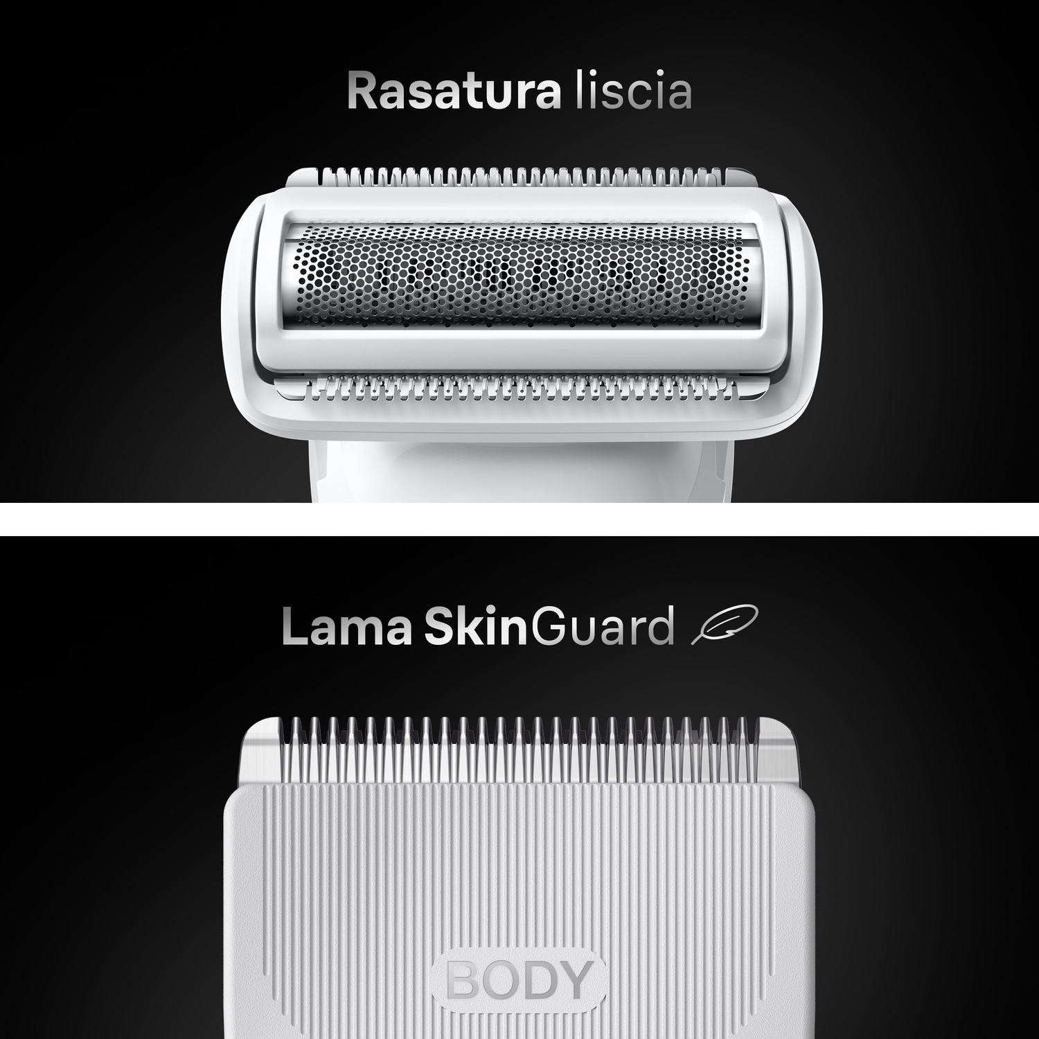Primo piano di un rasoio elettrico bianco e una lama, con testo. Il rasoio ha una testina perforata e la lama linee verticali.