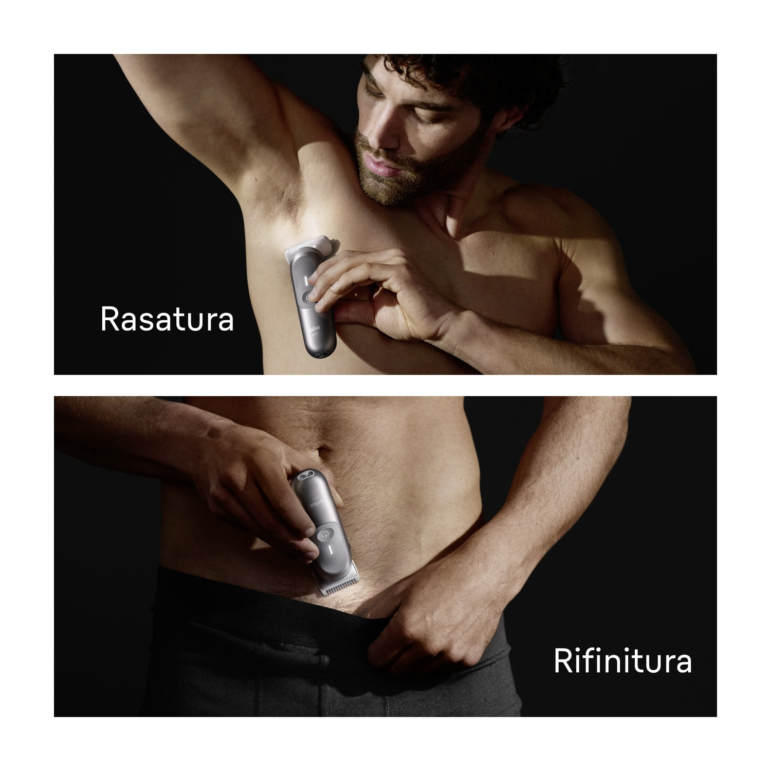 Un uomo si rade ascelle e zona pubica con un trimmer. L'immagine è divisa, con 'Rasatura' e 'Rifinitura' come etichette.